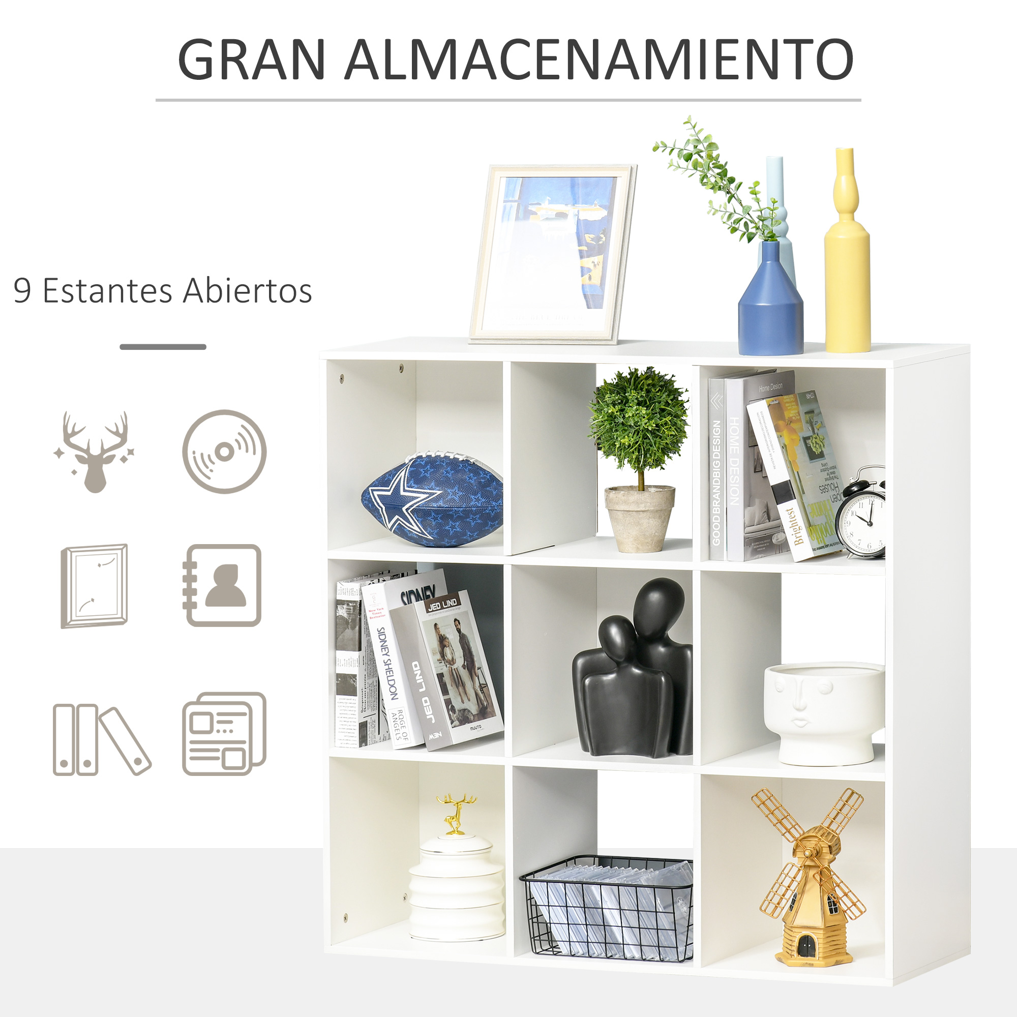 Estante blanco de 9 cubos con libros, decoraciones, un balón y una planta.