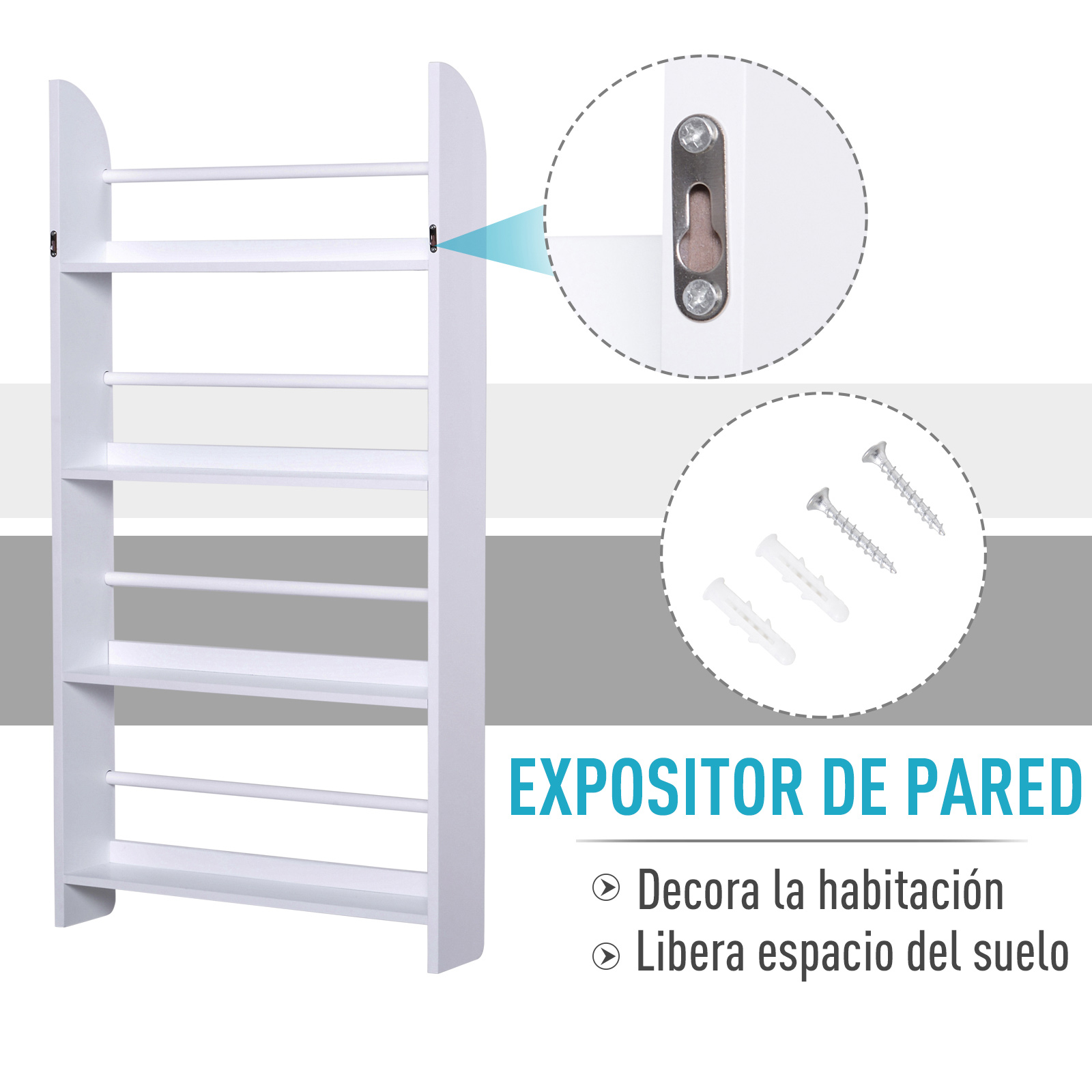 Un estante blanco de pared con varios niveles y herrajes.