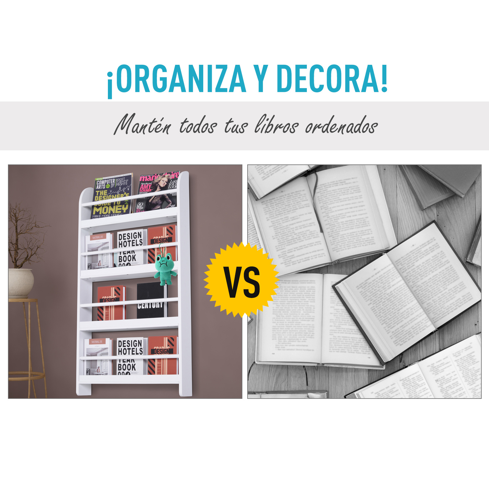 Una estantería blanca con libros y una pila de libros abiertos al lado.
