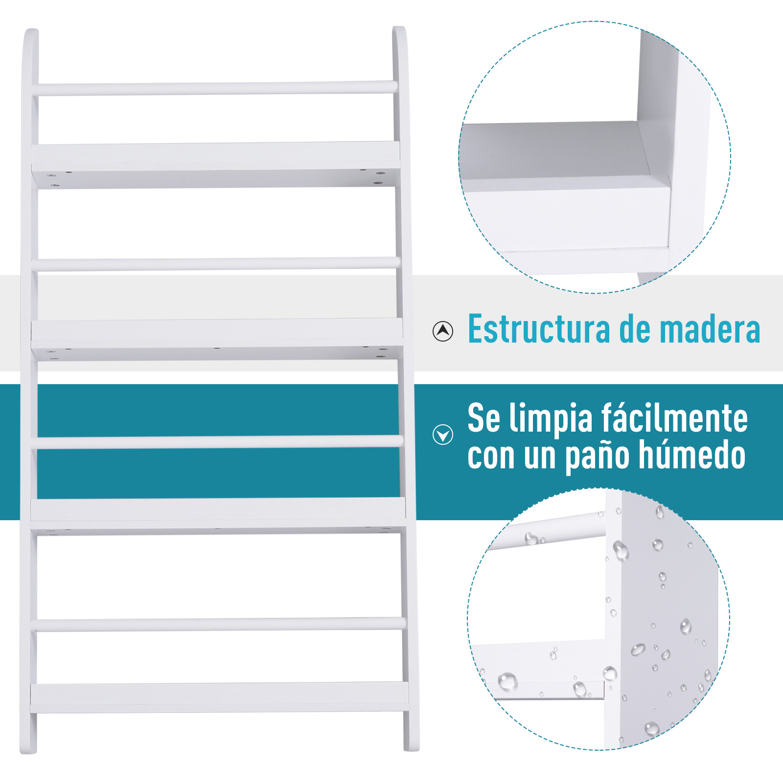 Un estante blanco de madera de varios niveles con primeros planos de su construcción.