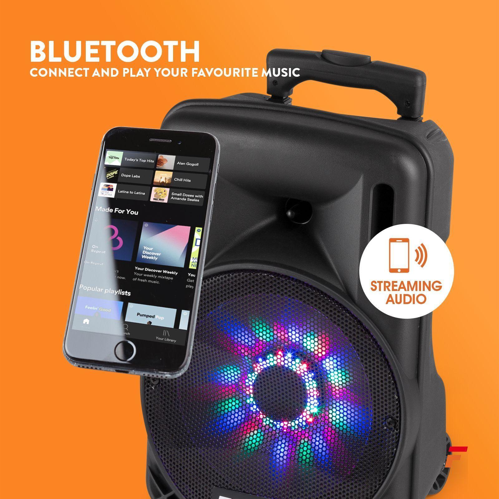 Uno speaker Bluetooth nero con luci colorate riproduce musica da uno smartphone.