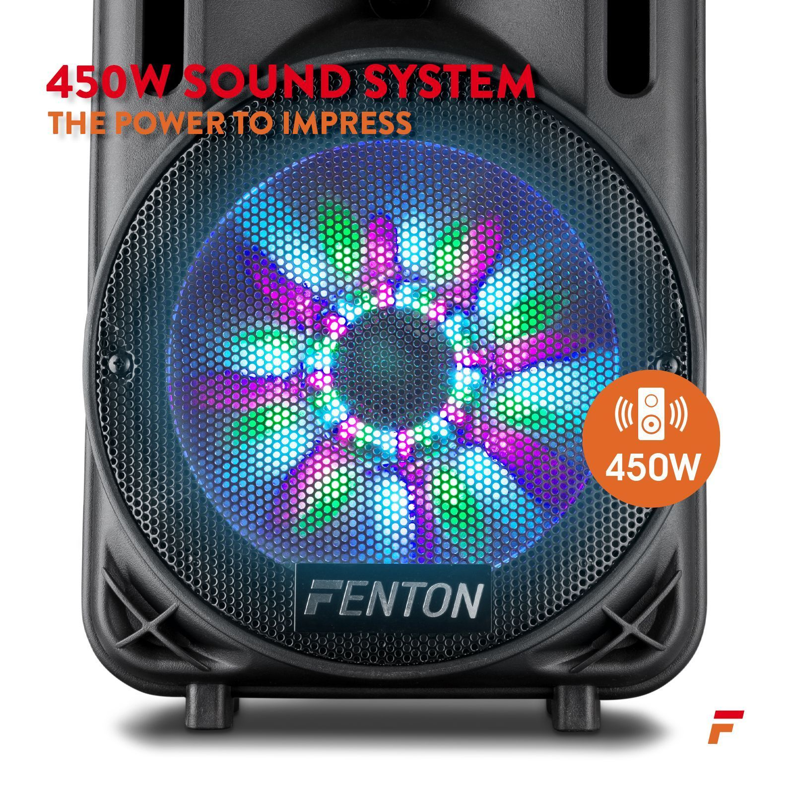 Altoparlante nero con motivo illuminato e testo "450W SOUND SYSTEM".