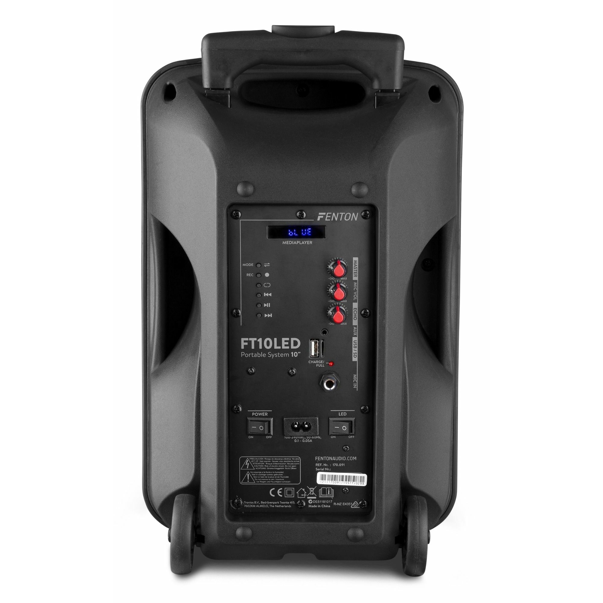 Retro di un altoparlante portatile nero Fenton FT10LED con controlli e porte.