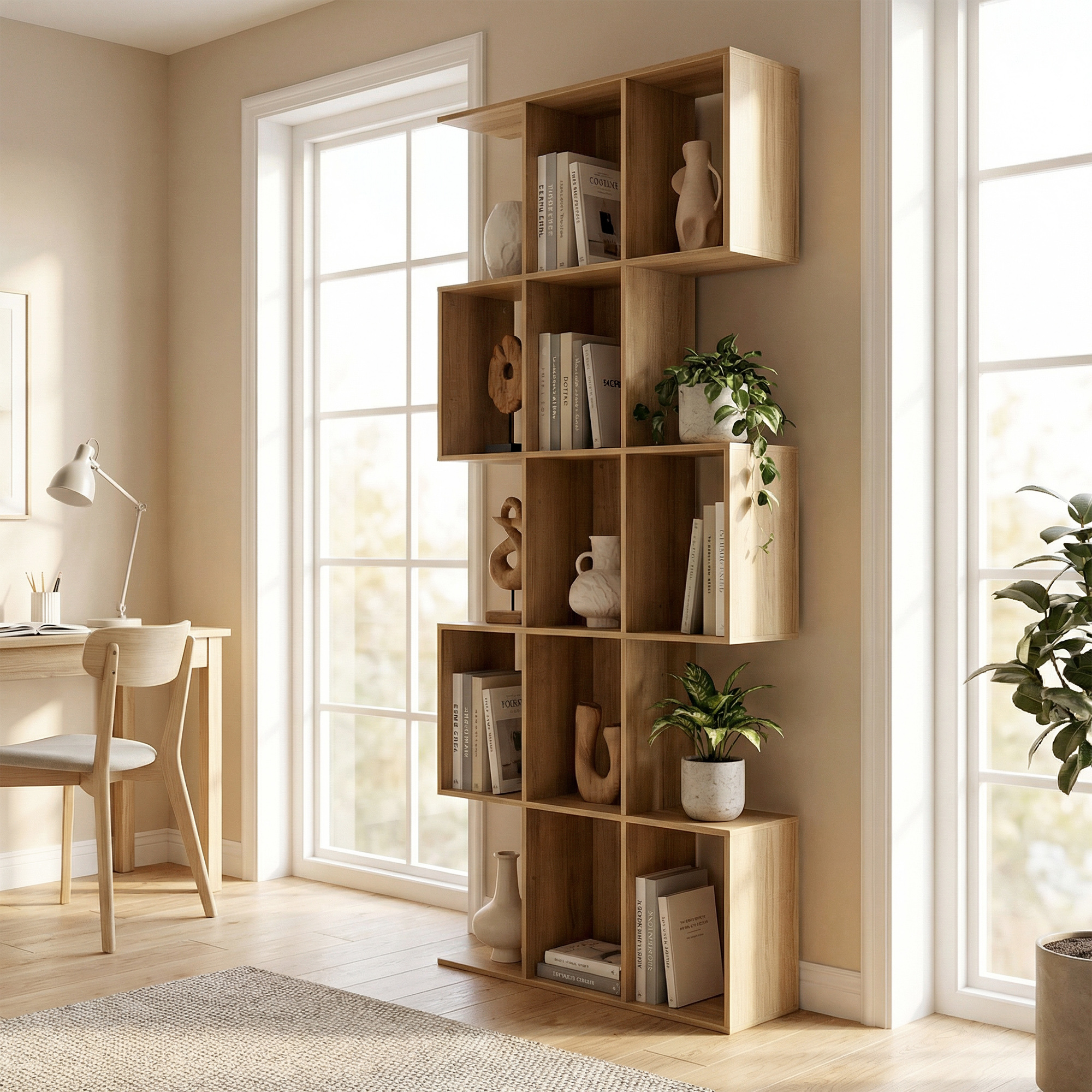 Estantería de madera con libros, jarrones, plantas y decoración junto a escritorio y silla.