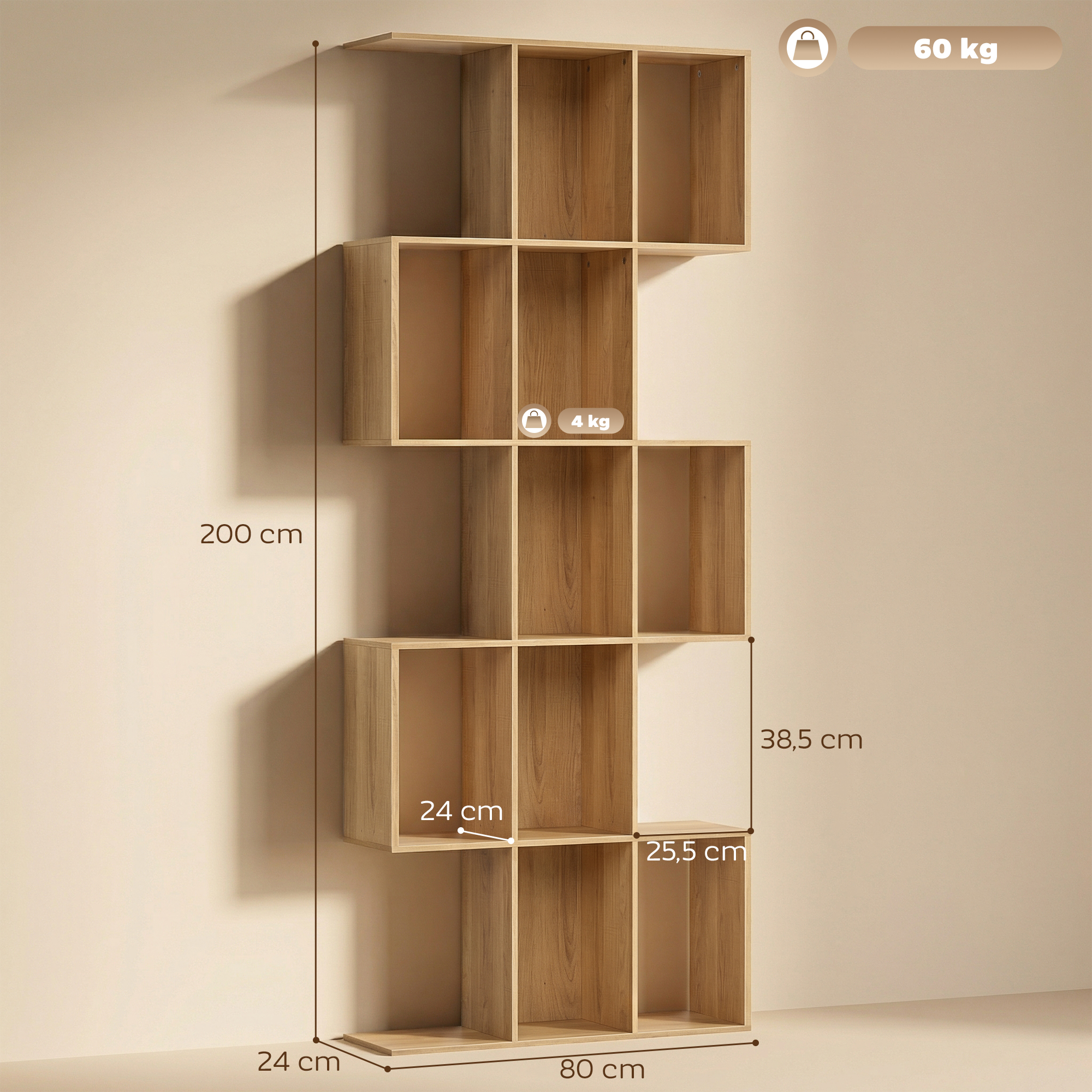 Una estantería alta y modular de madera con 10 compartimentos abiertos. Carga máx. 60kg.