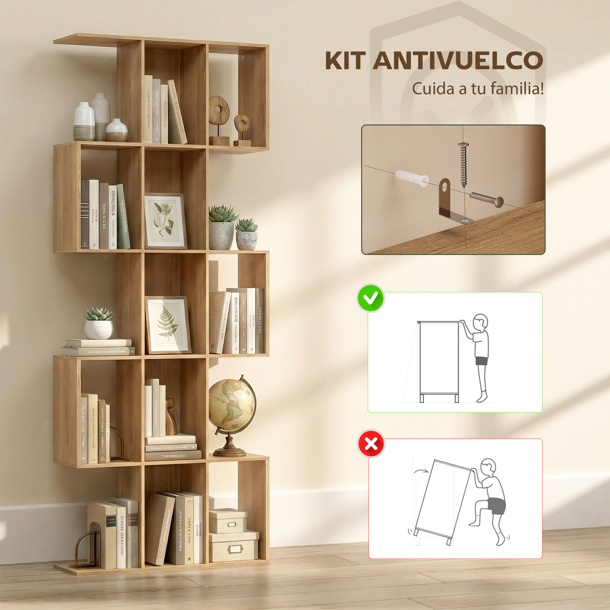Estantería de madera con libros, jarrones, marcos y globo. Instrucciones kit antivuelco.