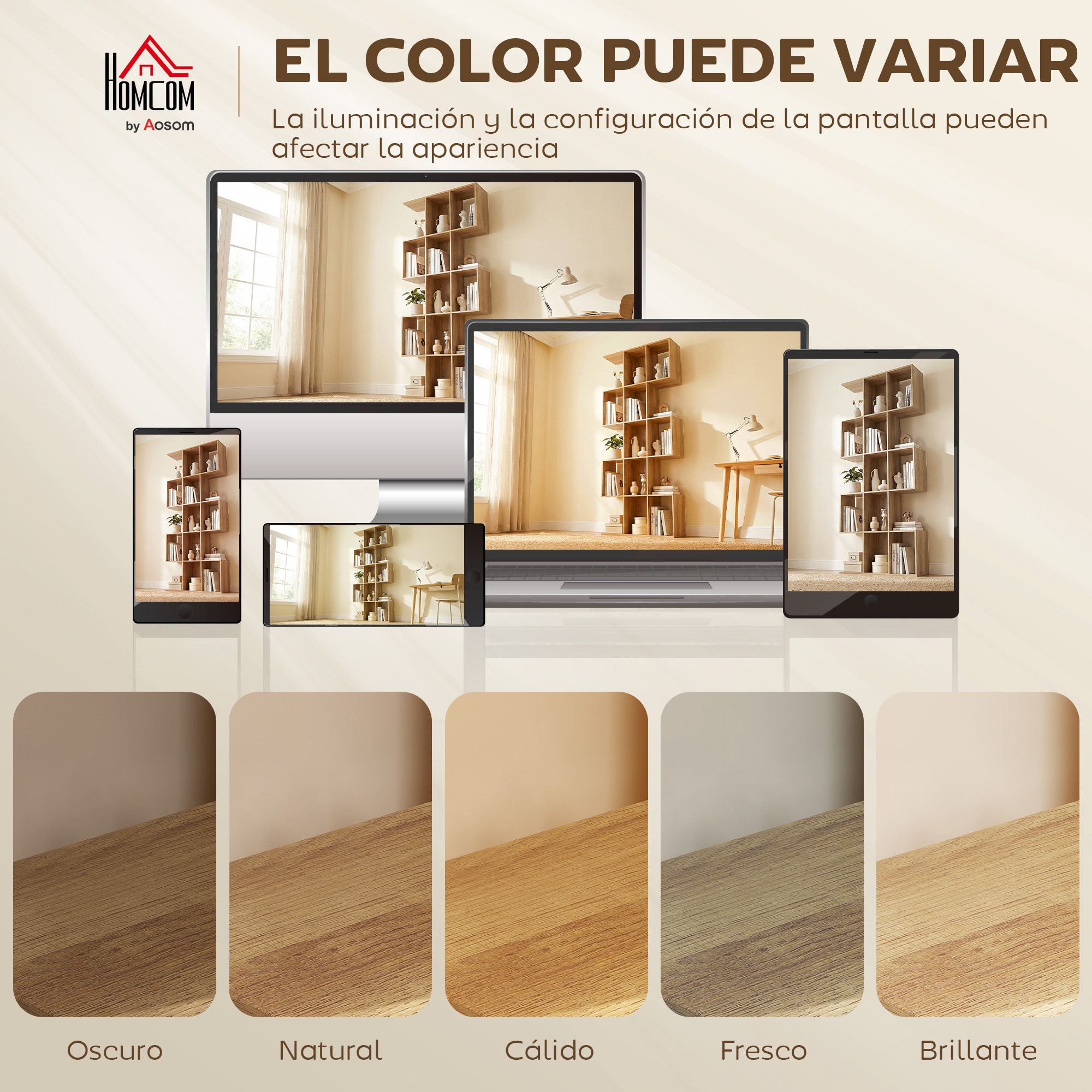 Muestra de colores de madera: Oscuro, Natural, Cálido, Fresco, Brillante.