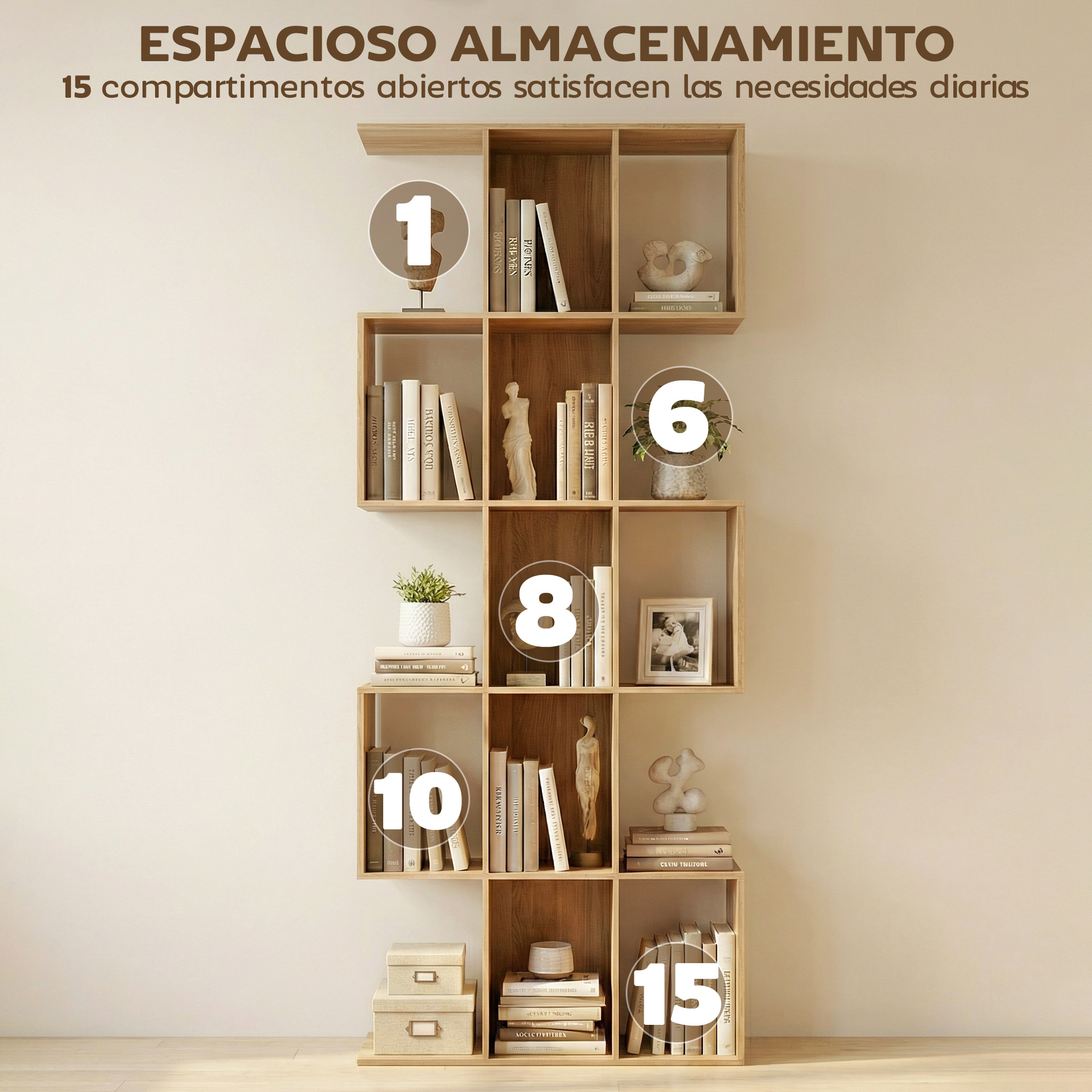 Un estante abierto de madera clara con libros, decoración y secciones numeradas.