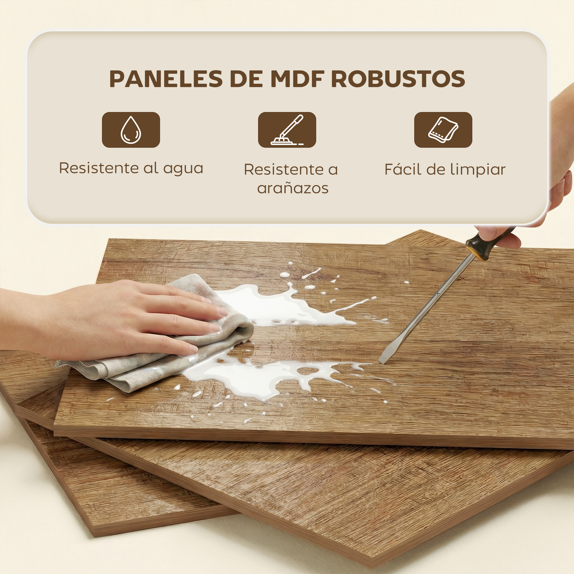 Paneles de madera limpiados con un paño y probados con destornillador.