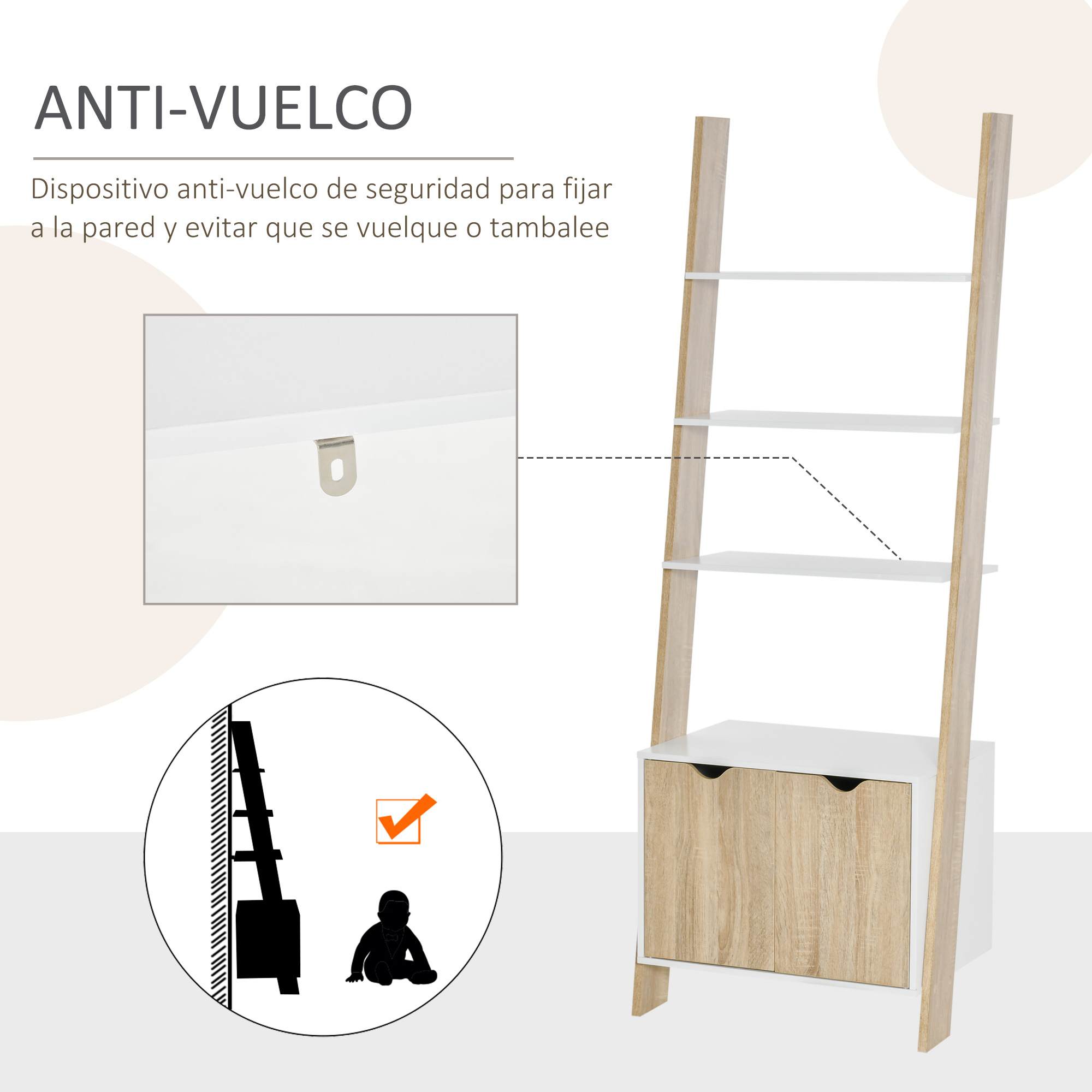 Dispositivo antivuelco para estantería blanca con detalles de madera y dos cajones.