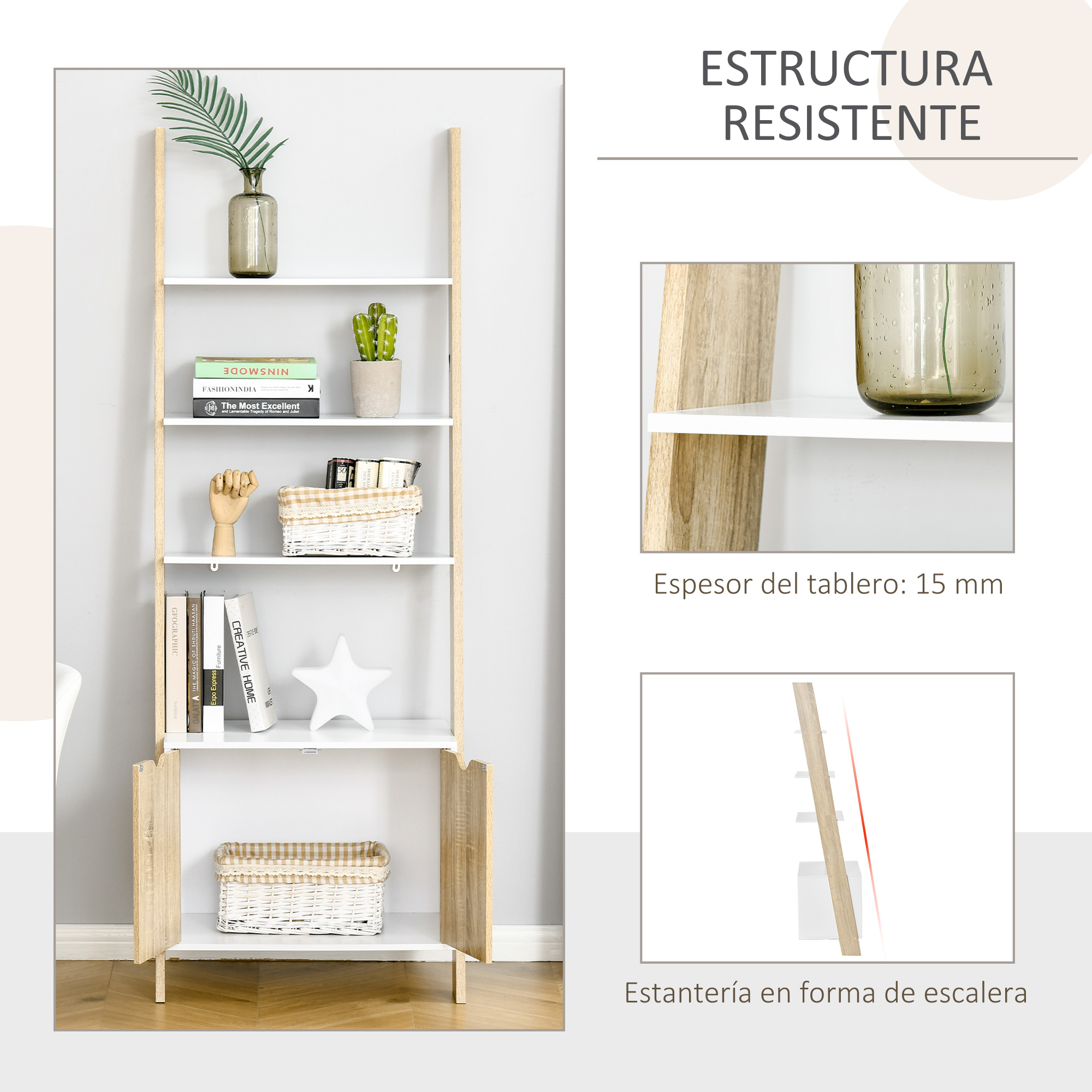 Una estantería alta y blanca tipo escalera con detalles de madera, decorada con libros y cestas.
