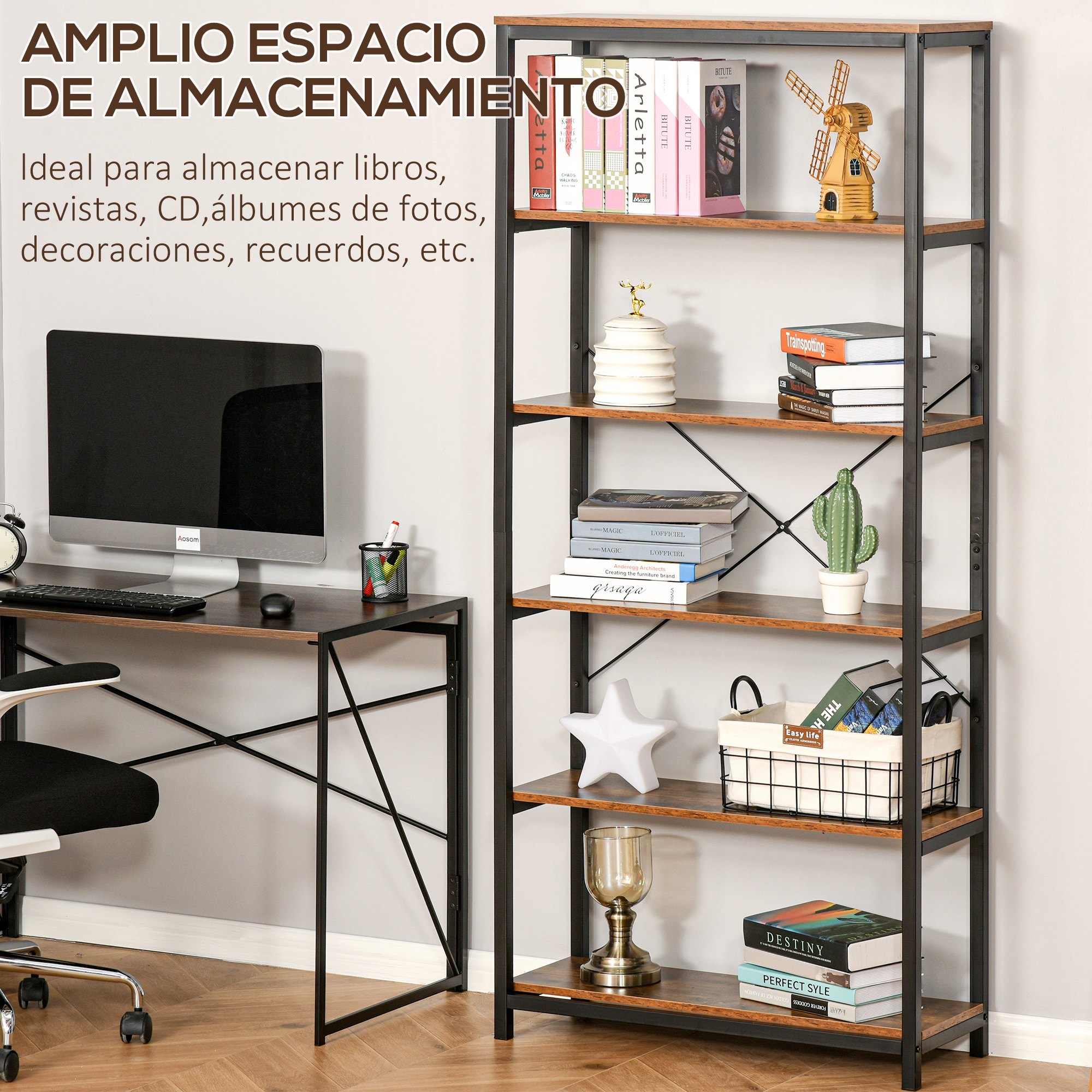 Una estantería con libros y decoración junto a un escritorio con monitor de ordenador.