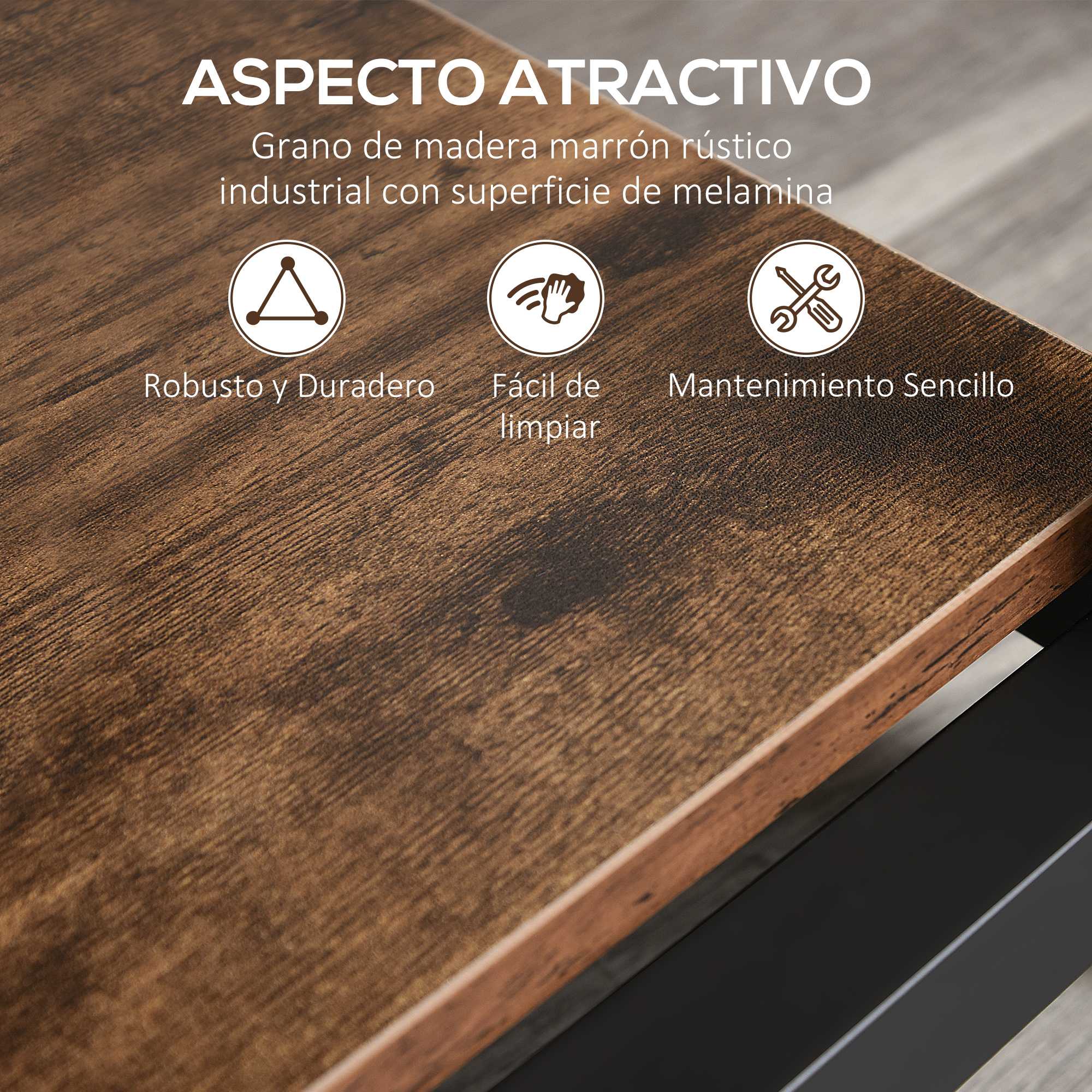Grano de madera rústico marrón, superficie industrial de melamina. Duradero.