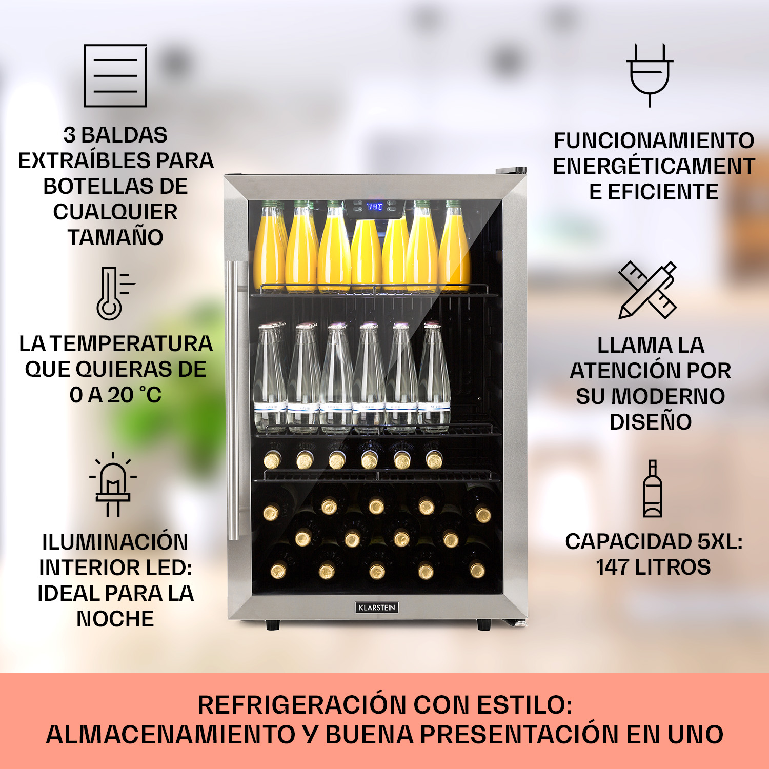 Un moderno refrigeratore per bevande con porta in vetro, pieno di bottiglie e bicchieri.