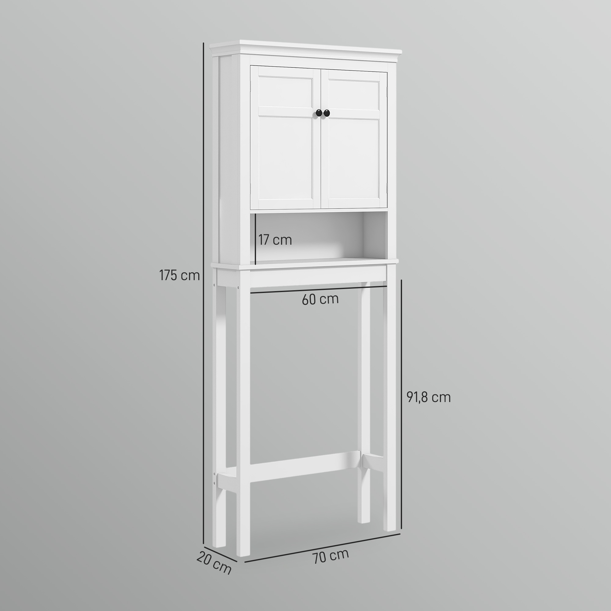 Gabinete blanco sobre inodoro con dimensiones.