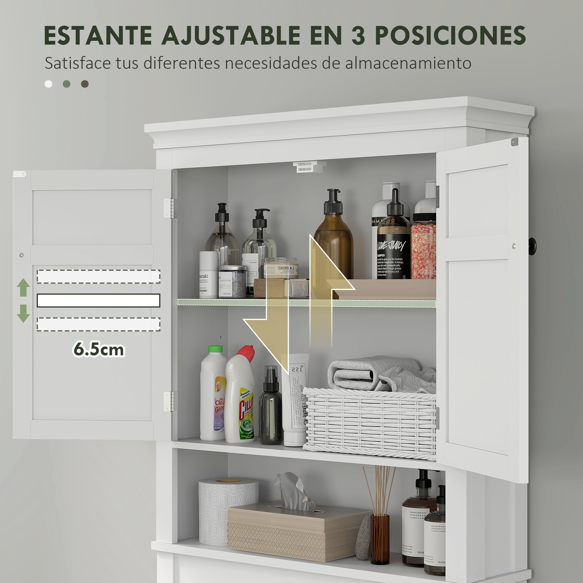 Un mueble de baño blanco con puertas abiertas, lleno de botellas y cestas.