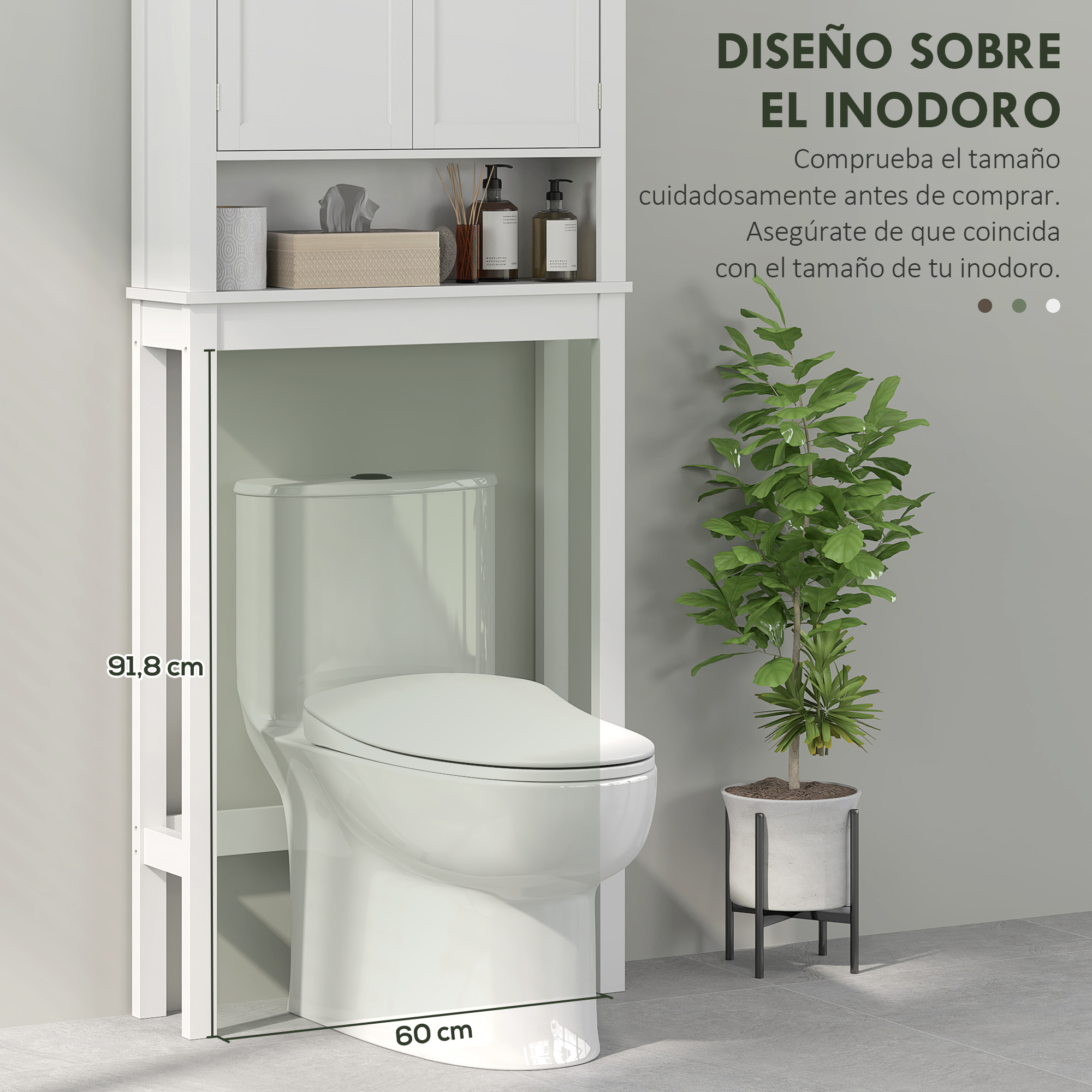 Un estante blanco para inodoro sobre un inodoro con una planta en maceta al lado.