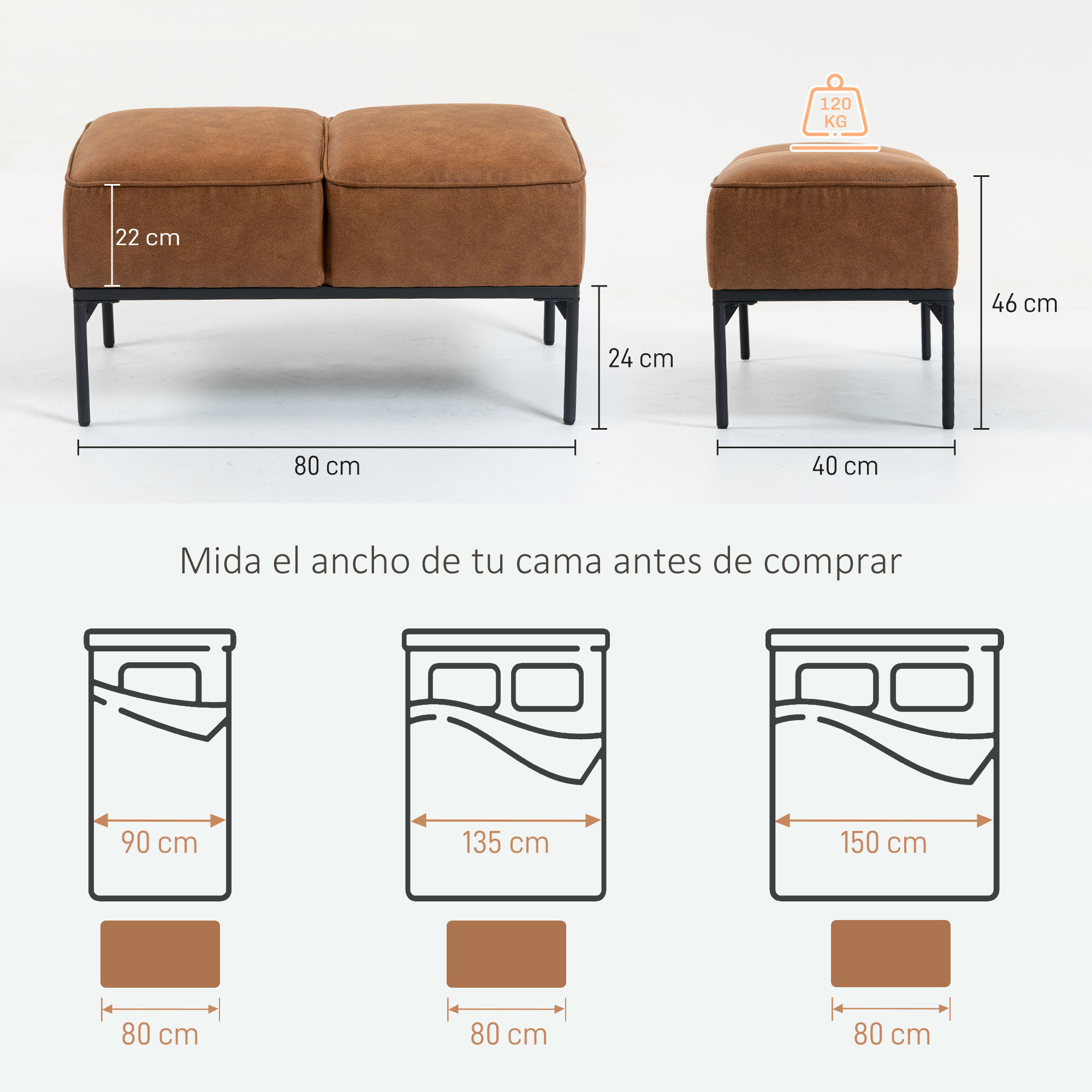 Pufs marrones con medidas y tamaños de cama. 80cm x 22cm, 40cm x 24cm.
