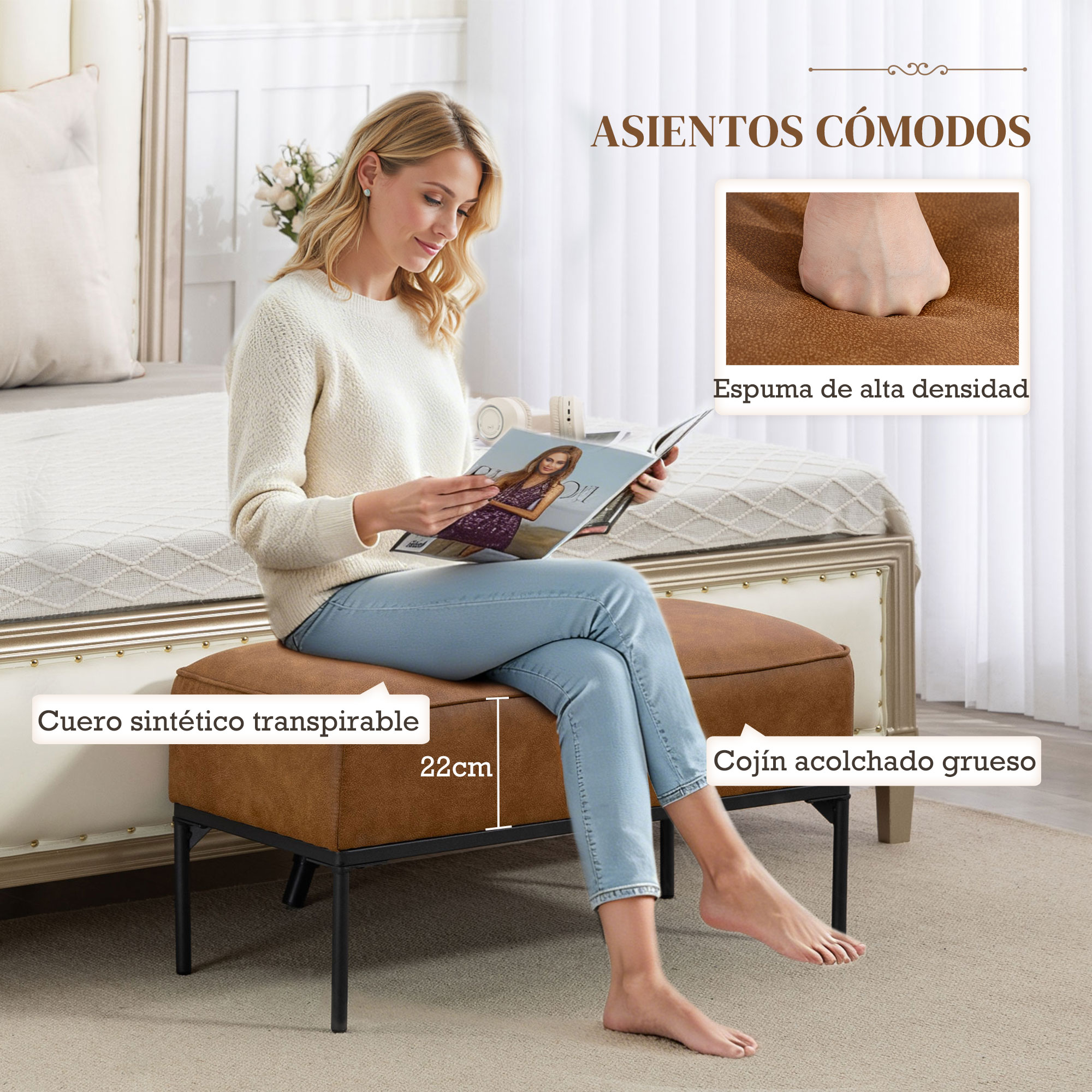 Mujer sentada en otomana de cuero sintético marrón junto a la cama.
