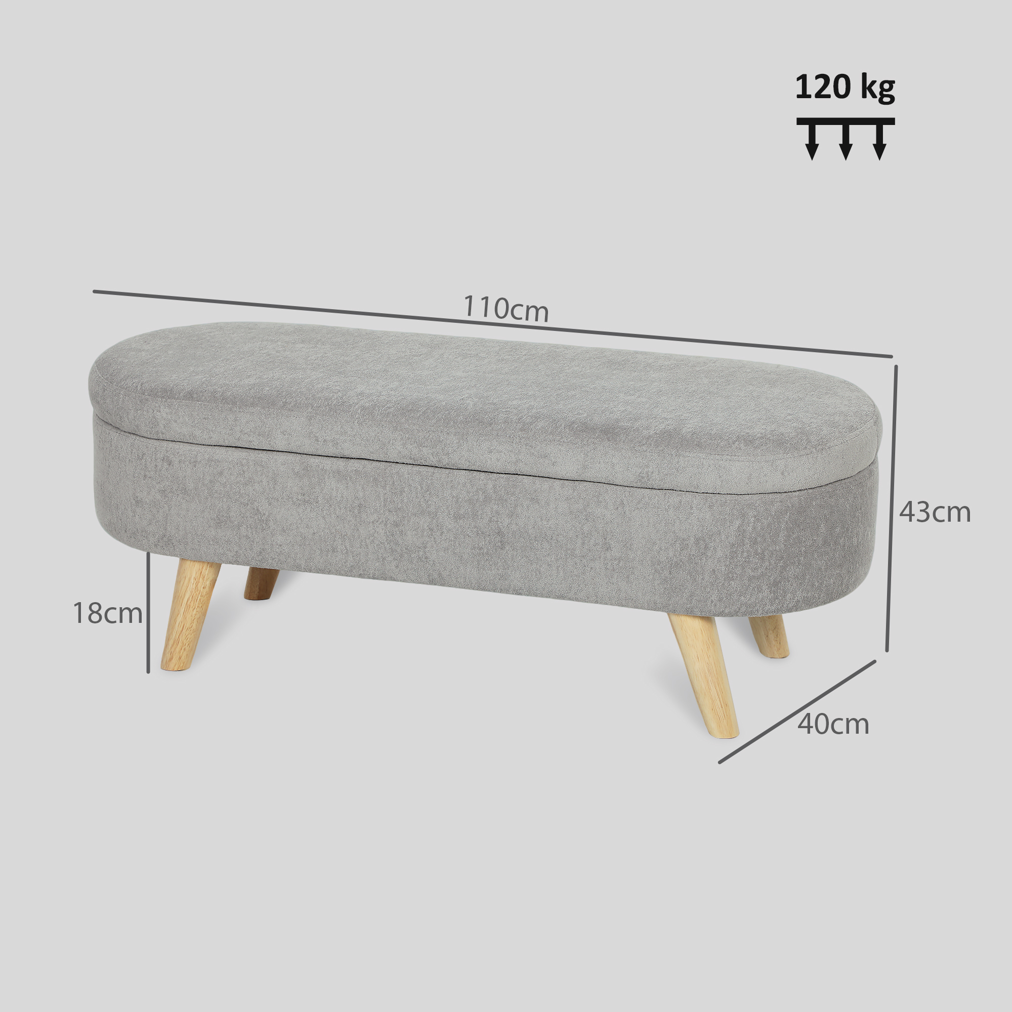 Banco de almacenamiento gris con patas de madera. Dimensiones: 110x40x43cm.