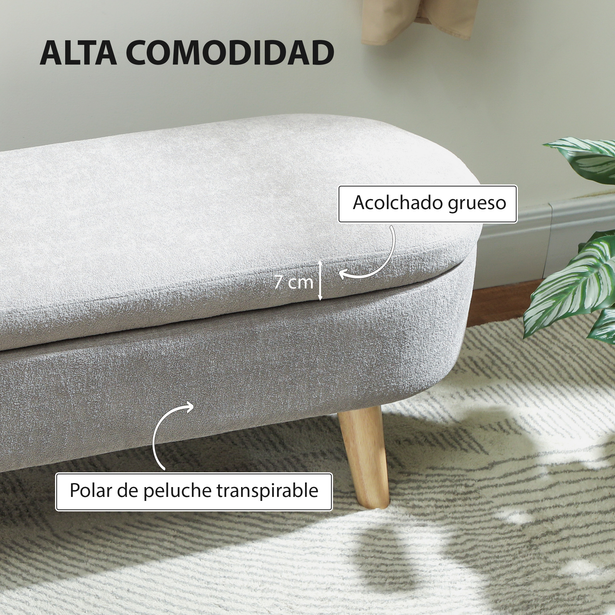 Un otomán tapizado gris con patas de madera y 7 cm de grosor.