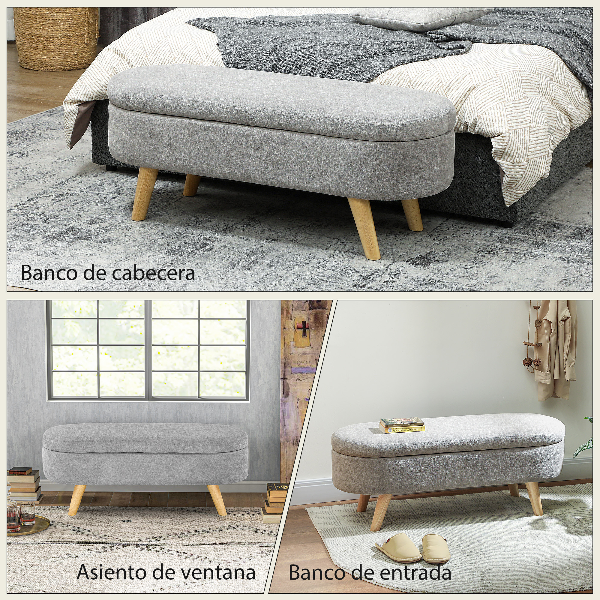 Banco de almacenamiento gris con patas de madera junto a una cama y una ventana.