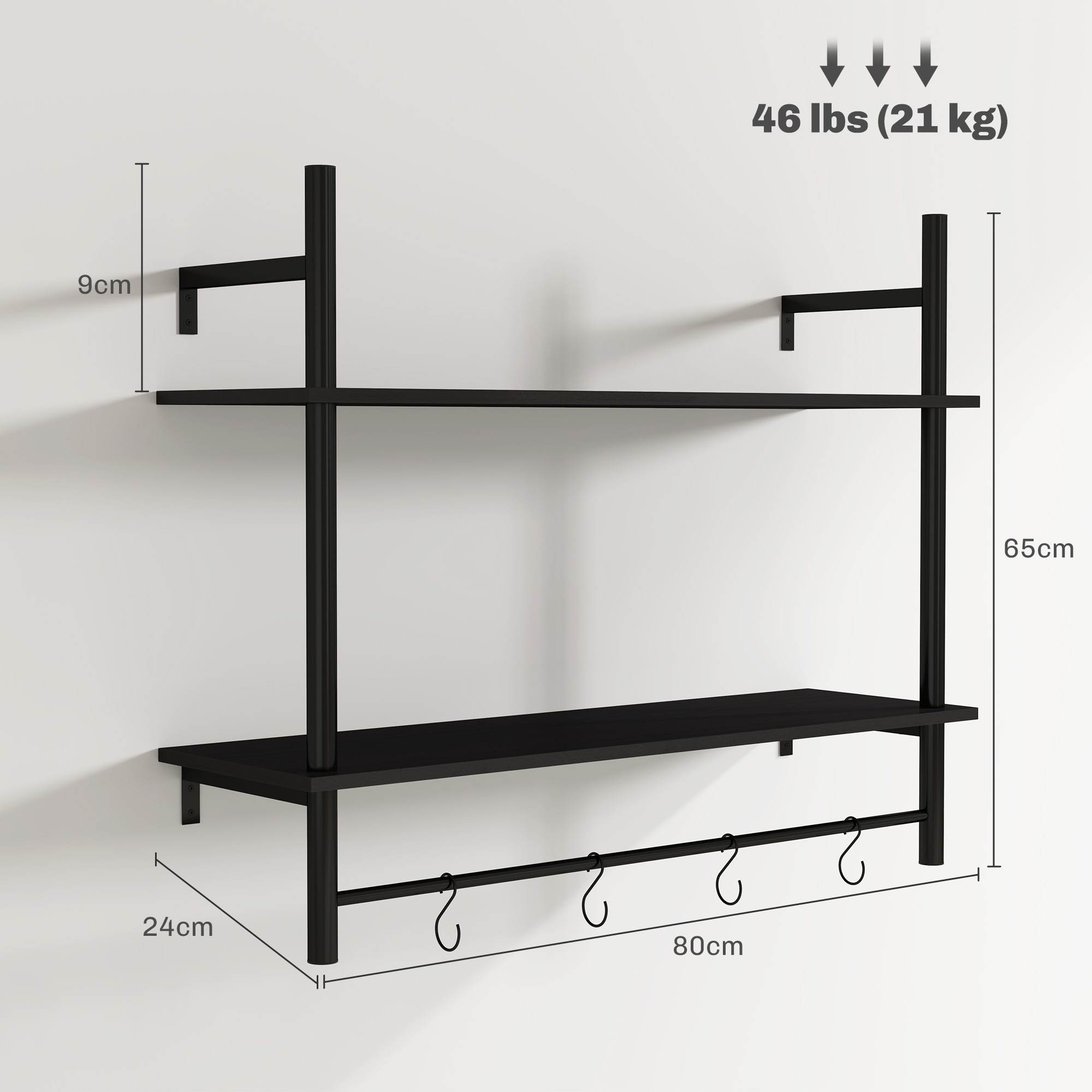 Estante negro de pared de dos niveles con ganchos, 65cm alto, 80cm ancho.