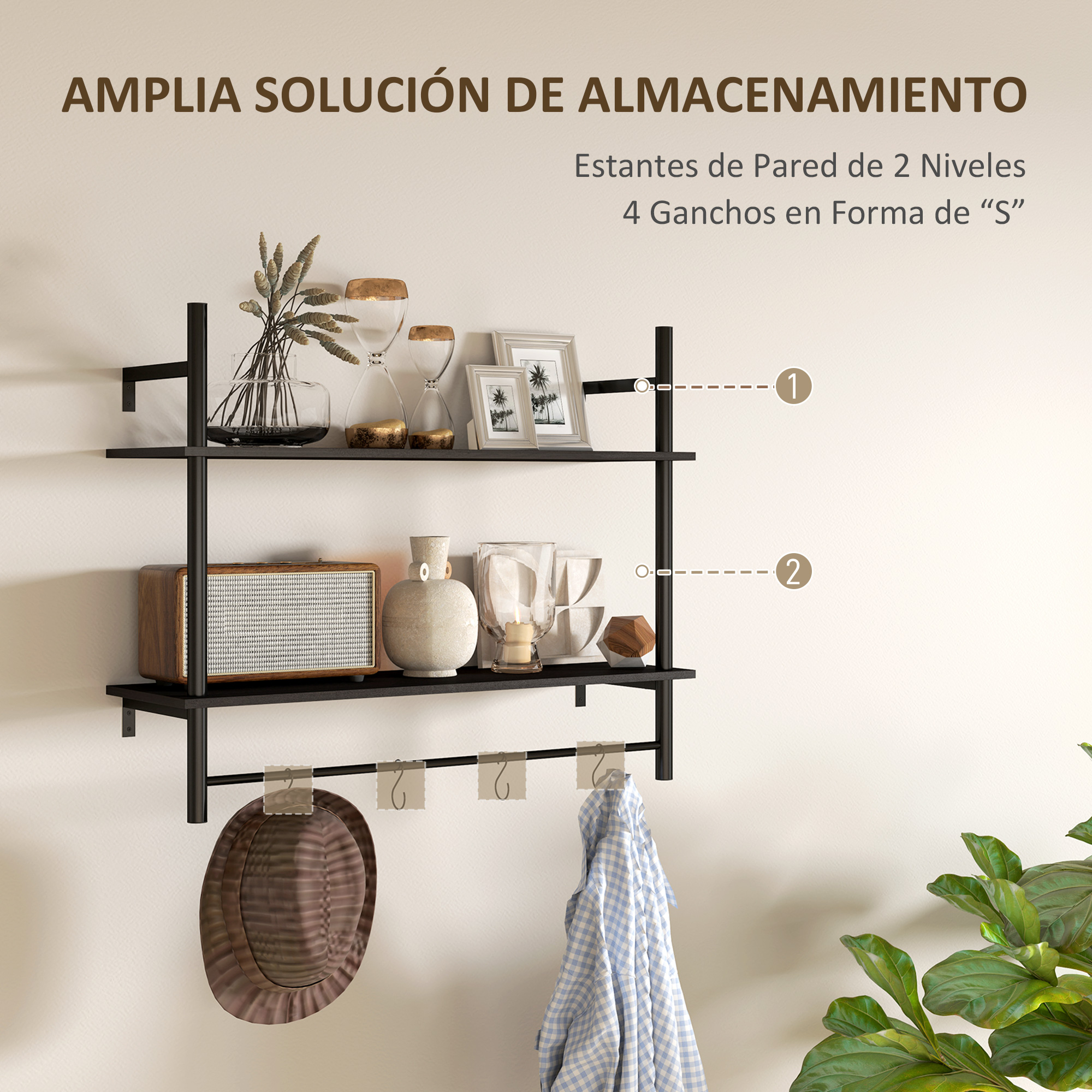 Estante de pared negro de 2 niveles con decoraciones, radio, sombrero y camisa.