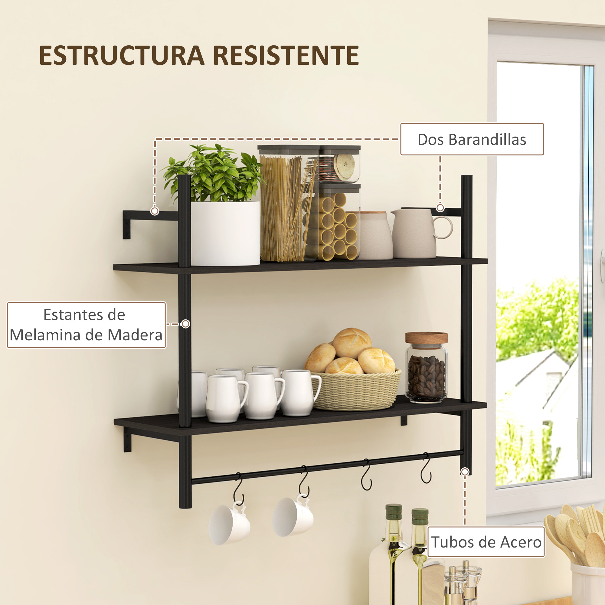 Un estante de pared negro de dos niveles con alimentos y utensilios.