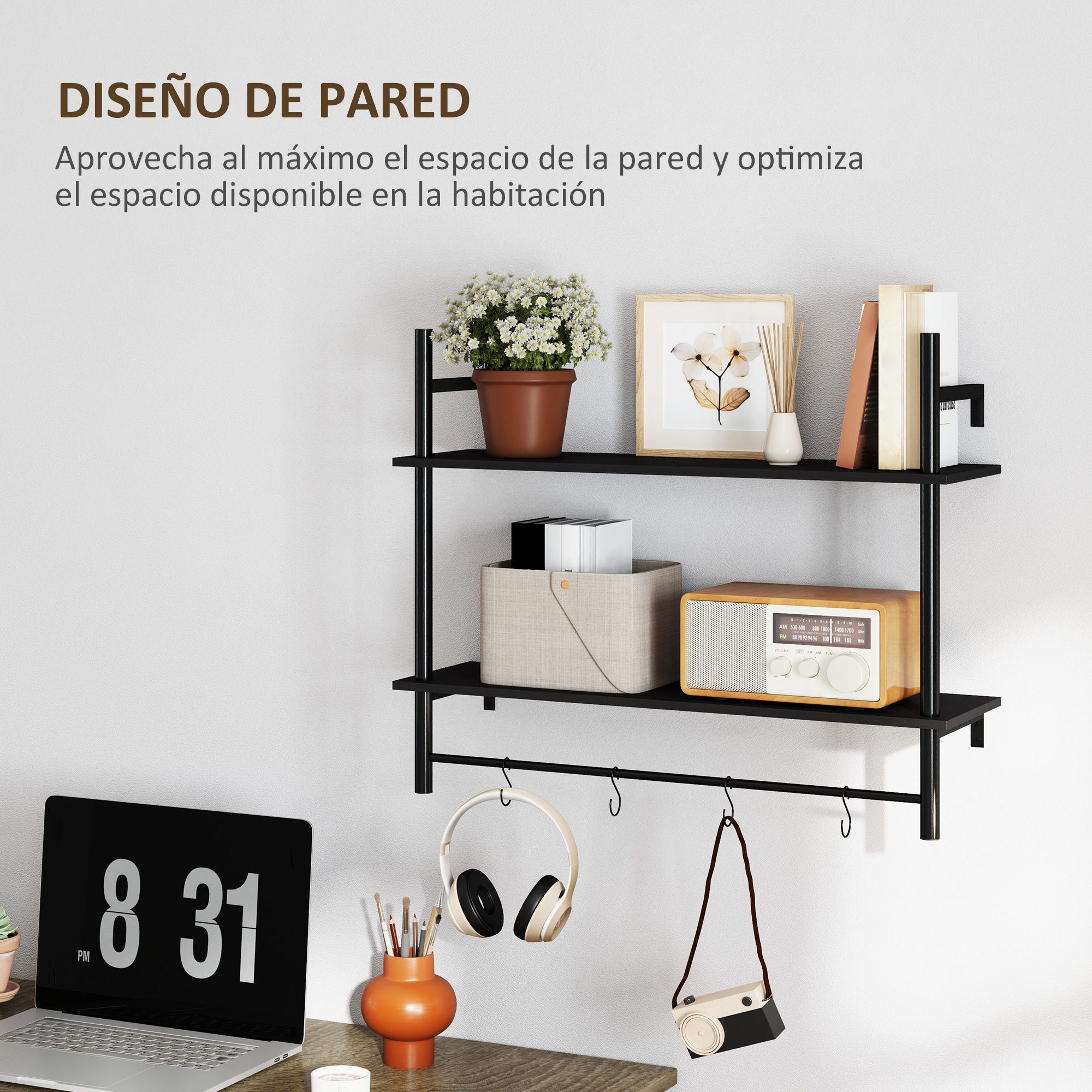 Un estante negro de pared muestra decoración, plantas y una radio.