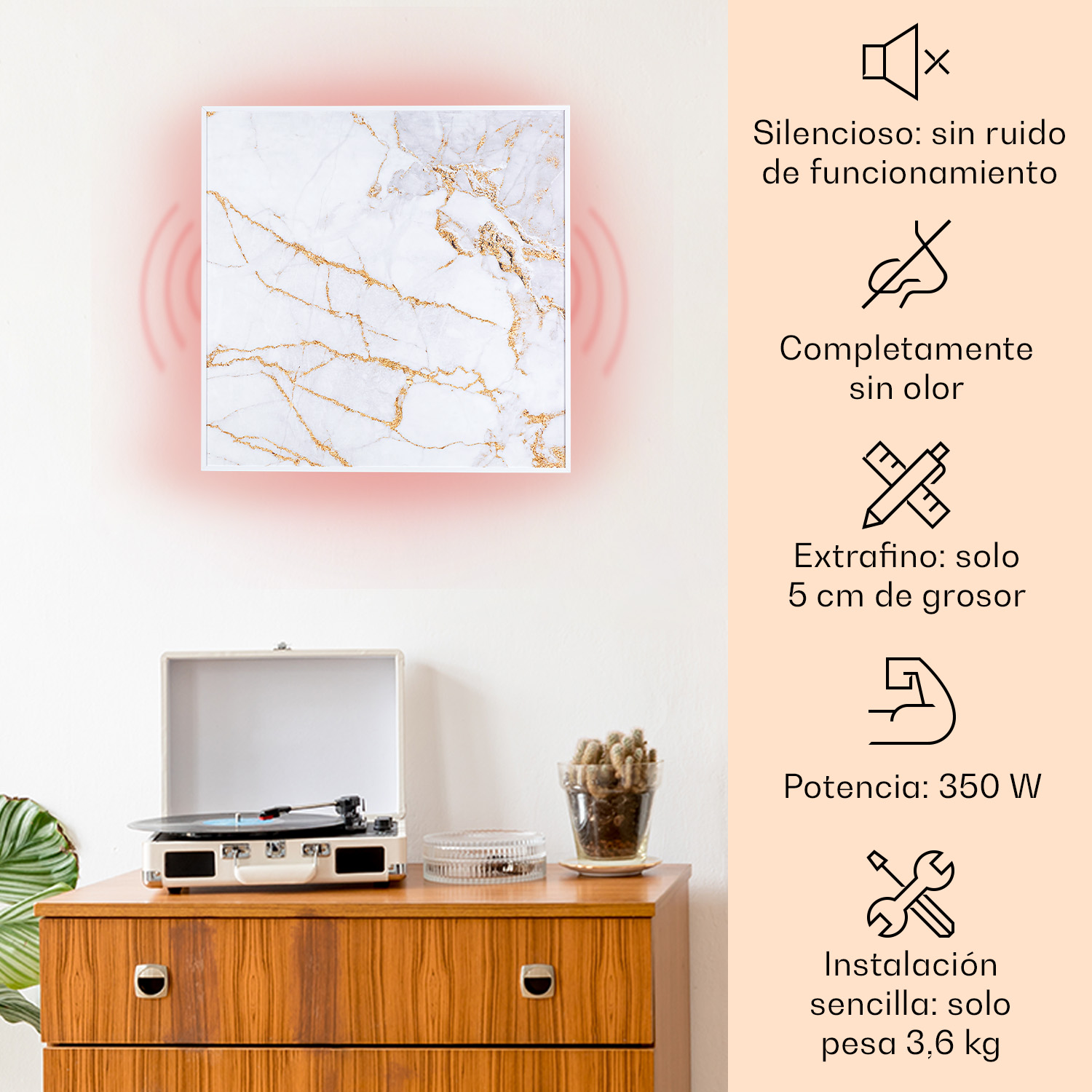 Arte in marmo con venature dorate sopra giradischi su mobile legno.