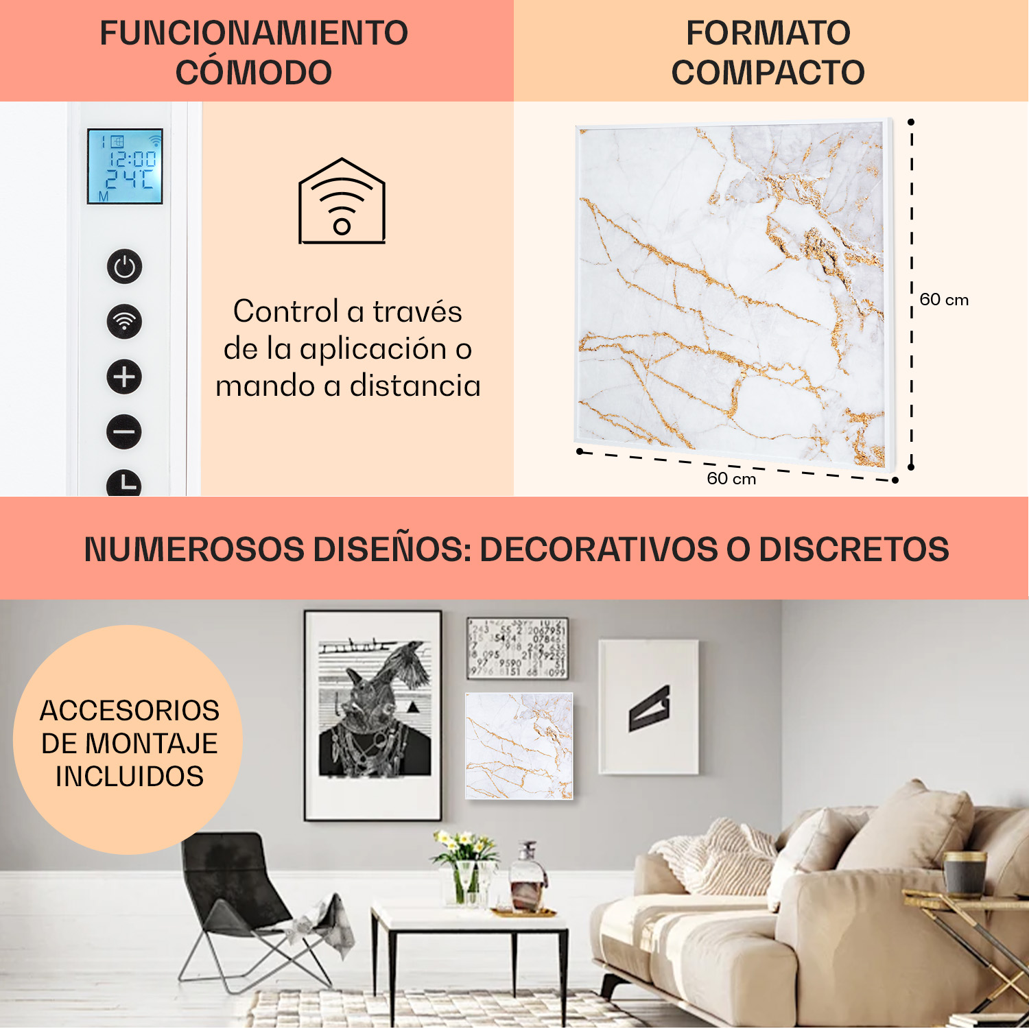Immagine mostra un riscaldatore con telecomando, dimensioni e decorazioni.