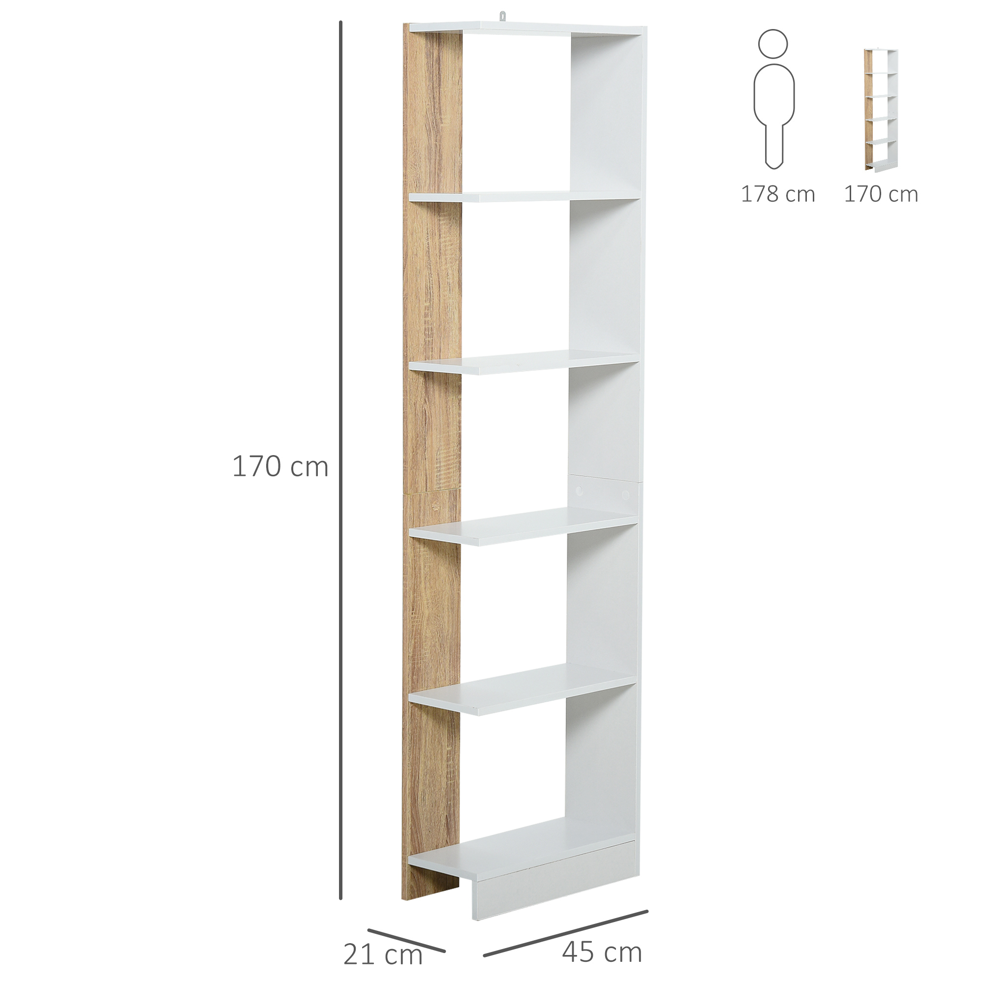 Una estantería alta y estrecha blanca y efecto madera con 6 baldas.