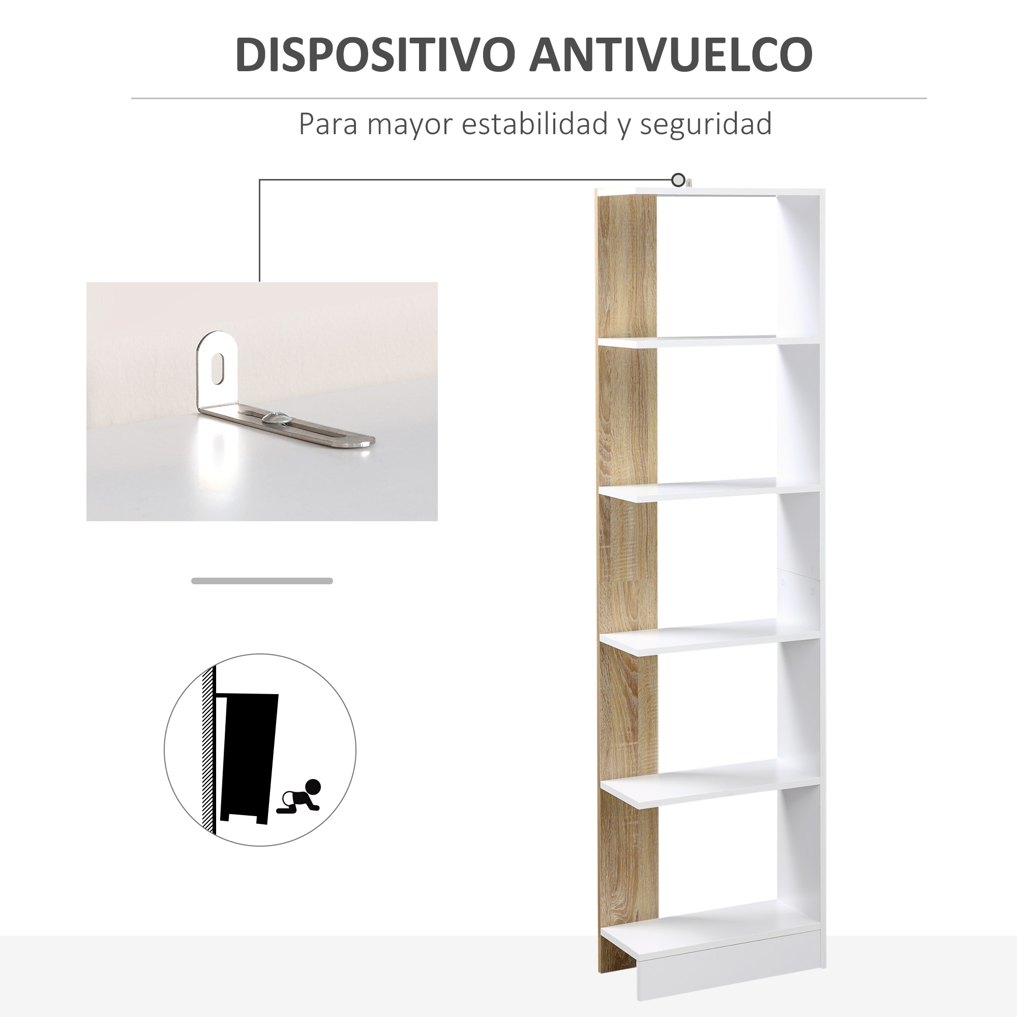 Herrajes antivuelco y estantería con detalles de madera.