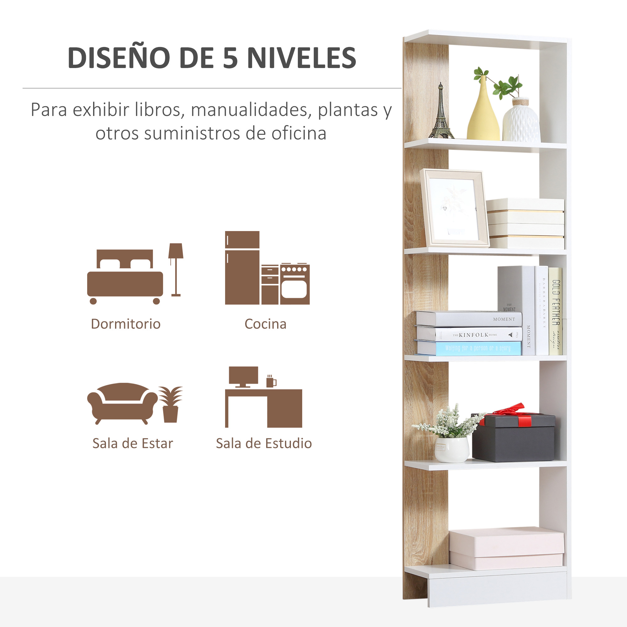 Estantería blanca con detalles de madera, exhibiendo libros y objetos decorativos.