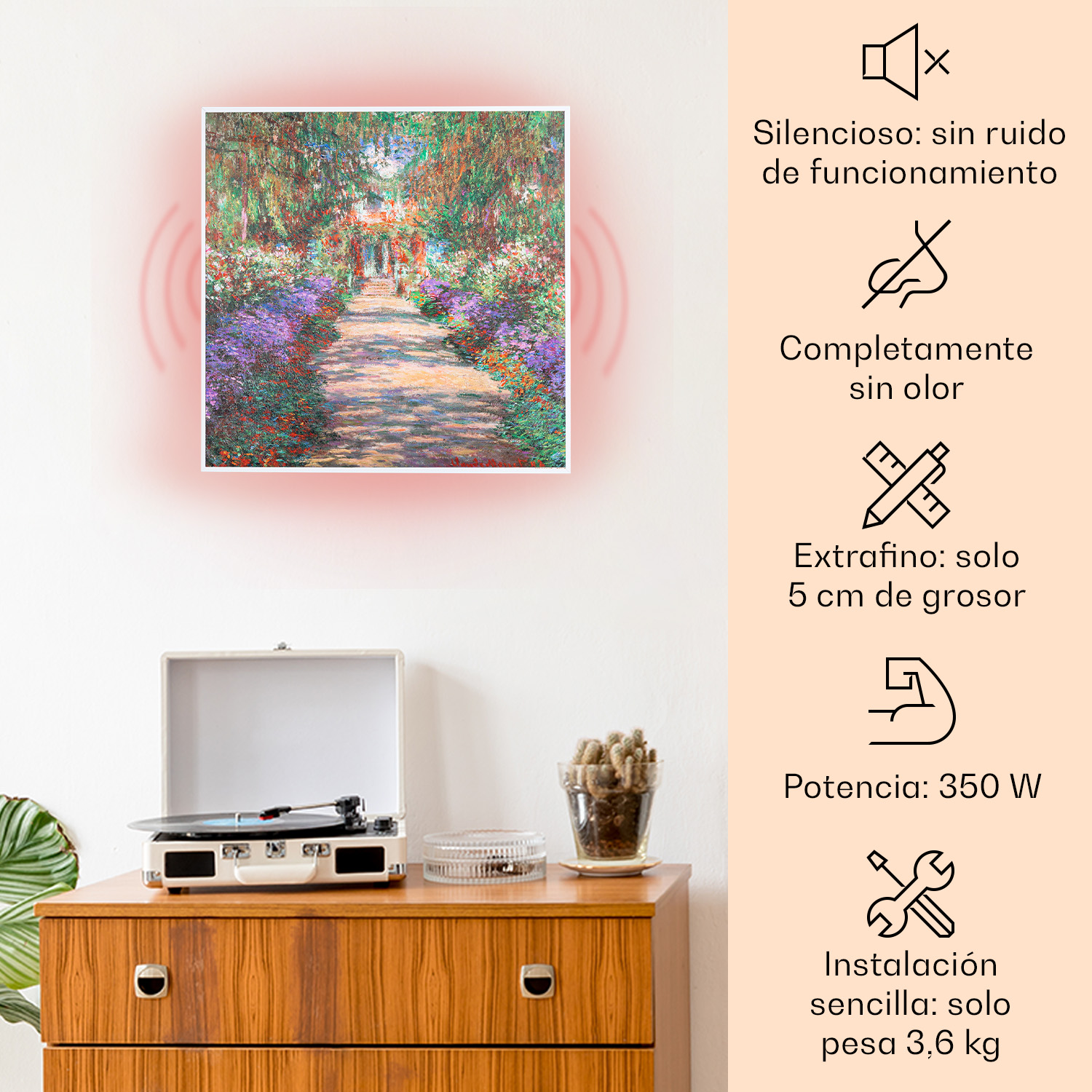 Un quadro di un giardino con un sentiero, le caratteristiche del prodotto sono a destra.
