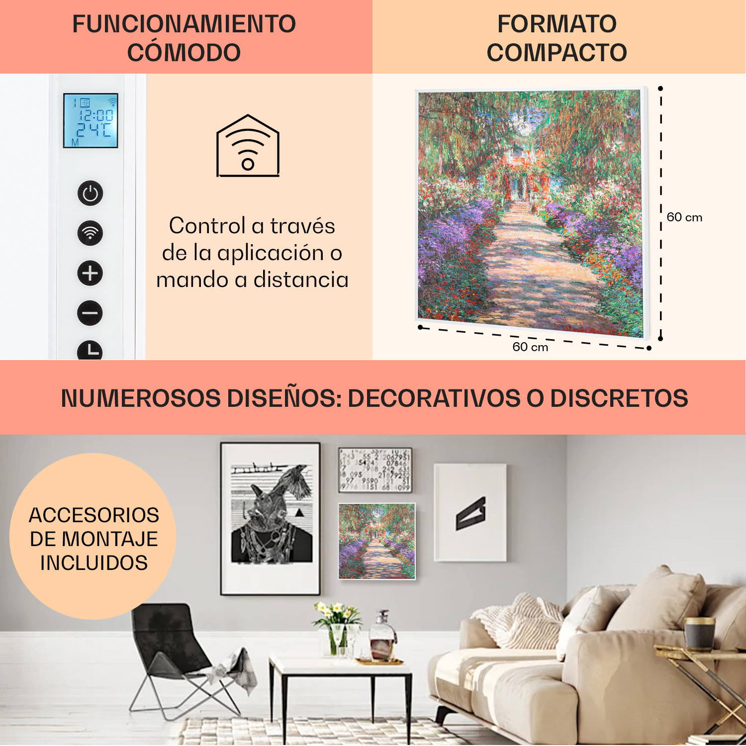 Riscaldatore con controllo digitale, opera d'arte e decoro soggiorno.