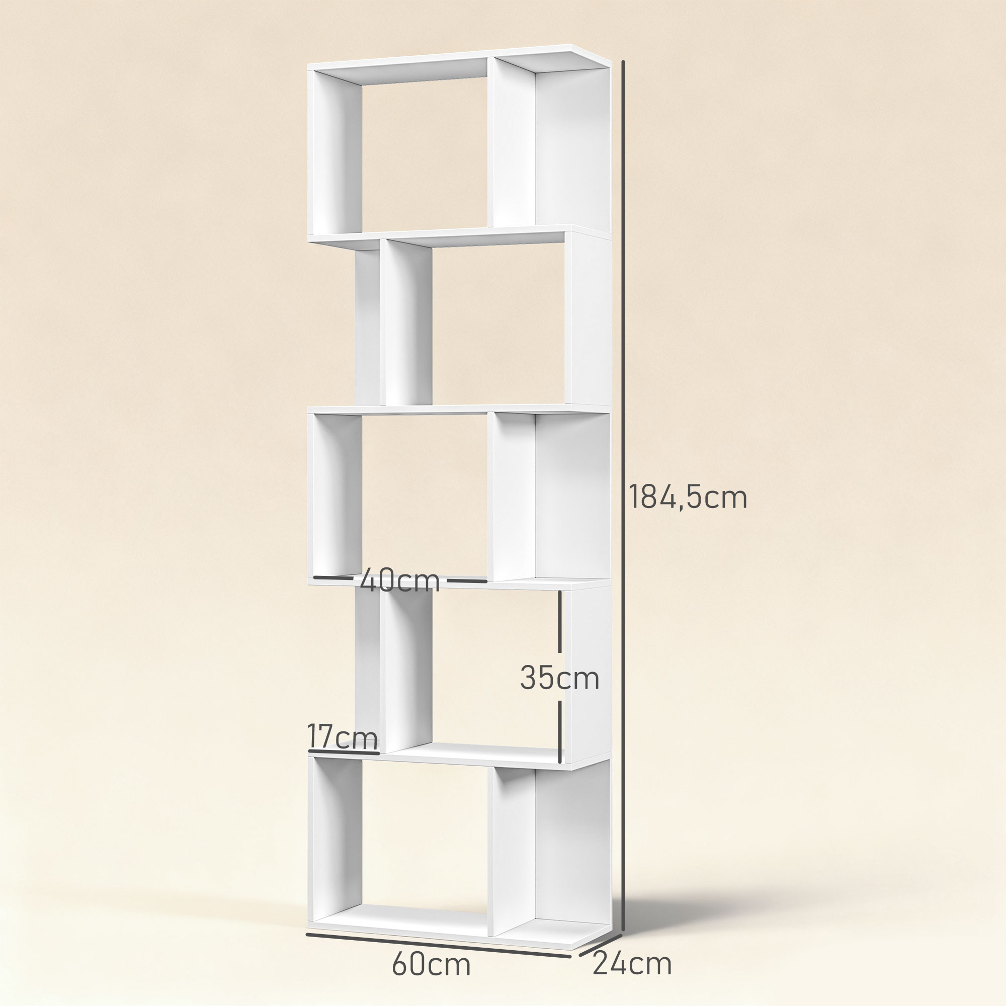 Una estantería blanca de múltiples compartimentos con dimensiones indicadas.