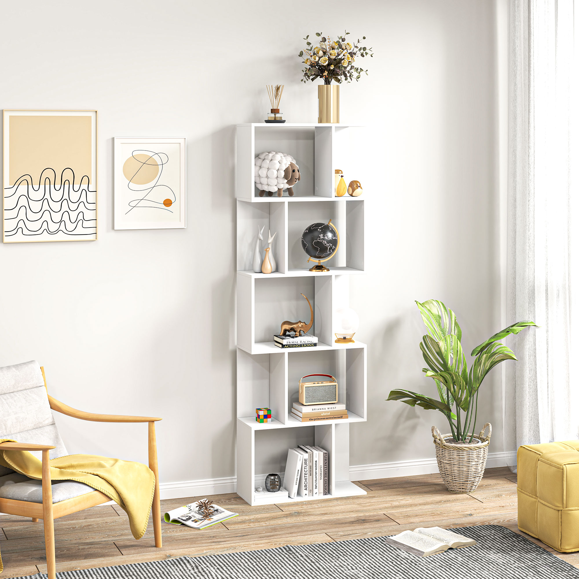 Sala de estar moderna con estantes blancos, sillón, plantas y arte abstracto.