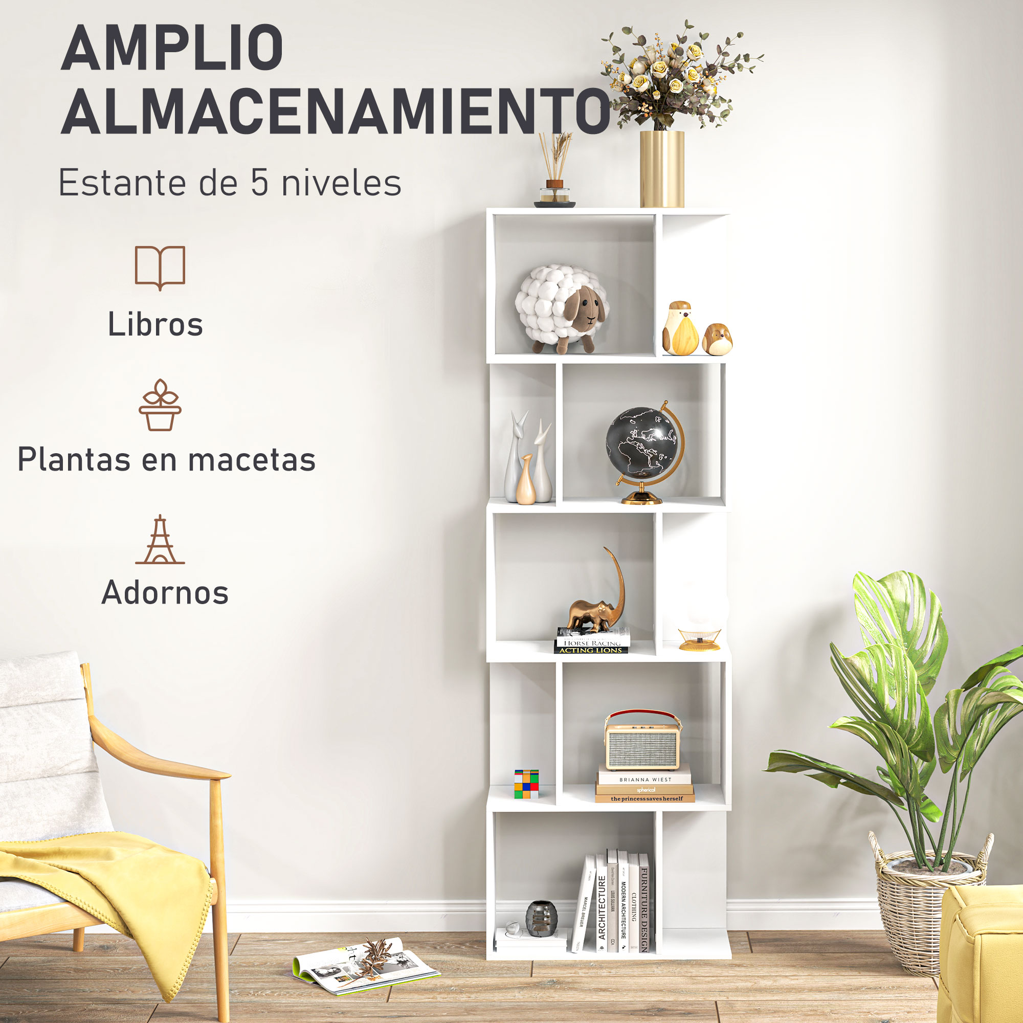 Un estante blanco de 5 niveles con libros, adornos y plantas.