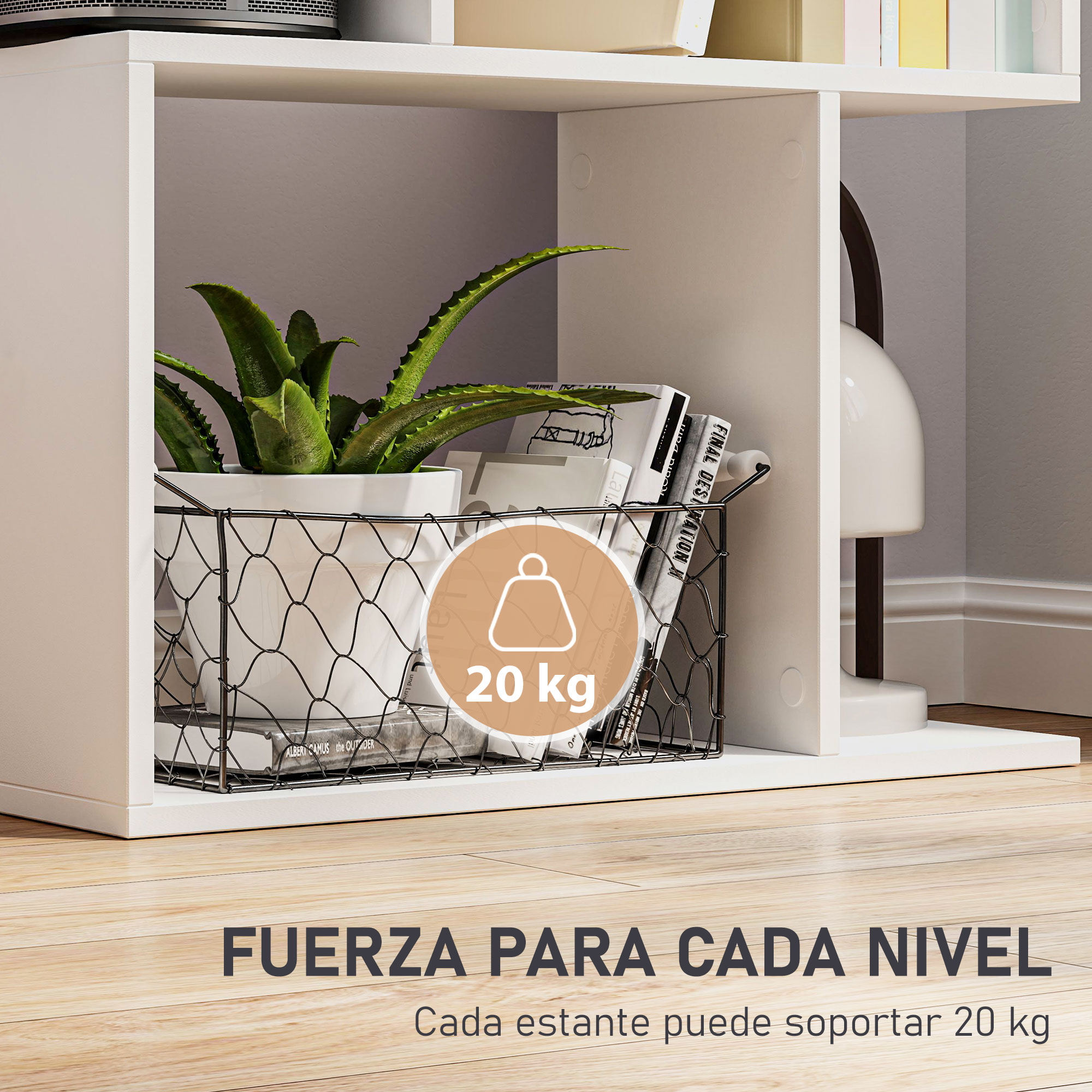 Planta en maceta en cesta de alambre sobre estante de 20 kg.