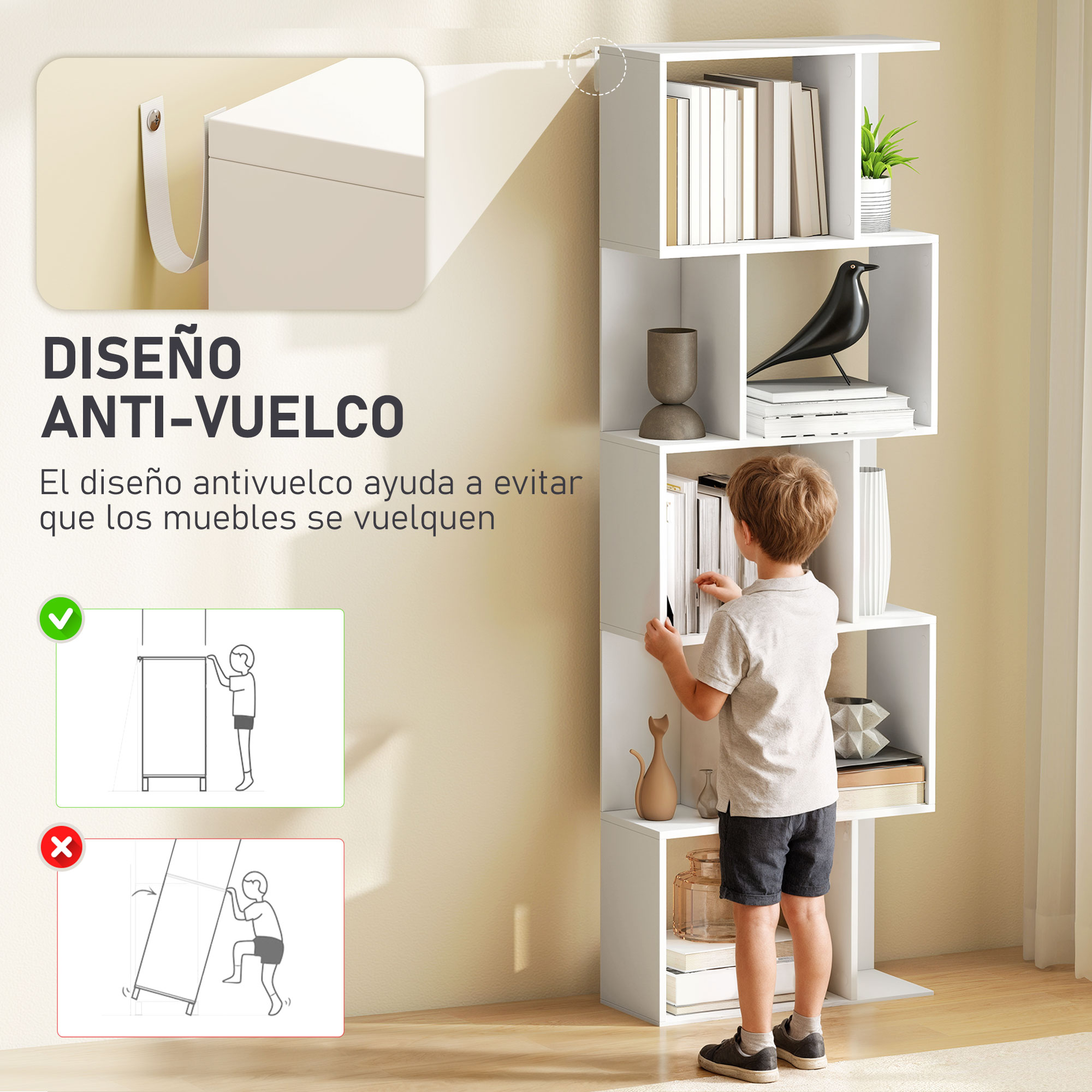 Un niño frente a estante blanco con libros y decoraciones. Diseño antivuelco.