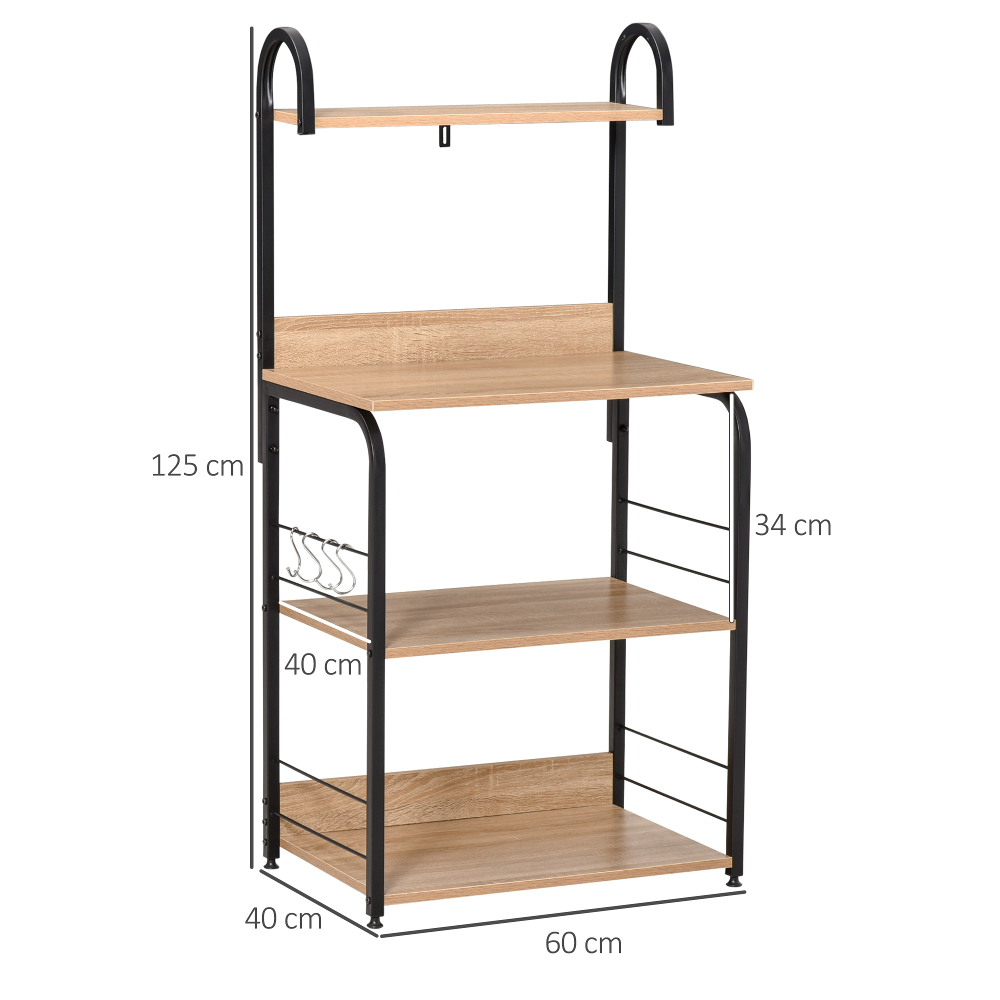Un estante con estantes de aspecto madera y marco de metal negro, con dimensiones.