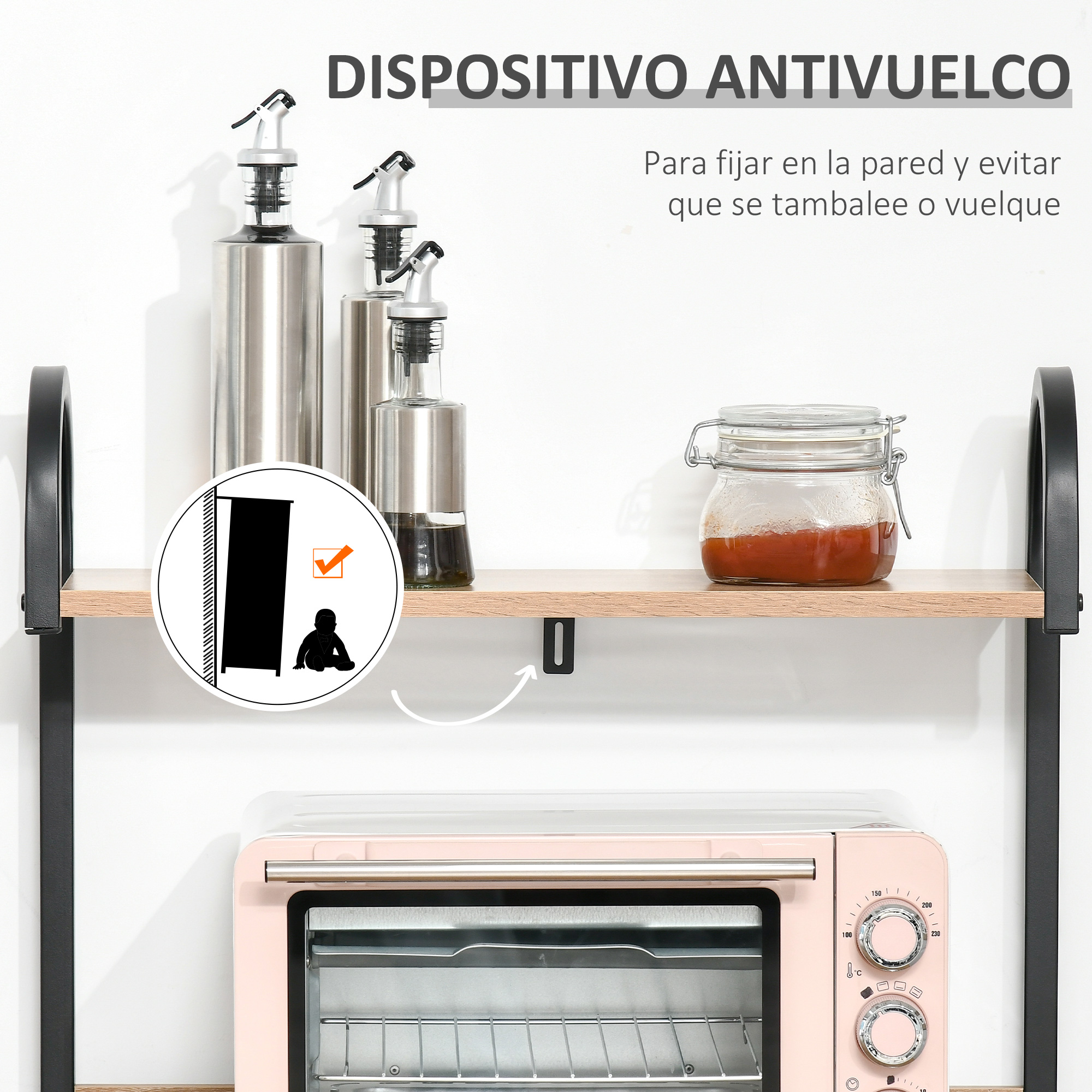 Estante metálico con recipientes de vidrio, horno rosa y advertencia antivuelco para bebés.