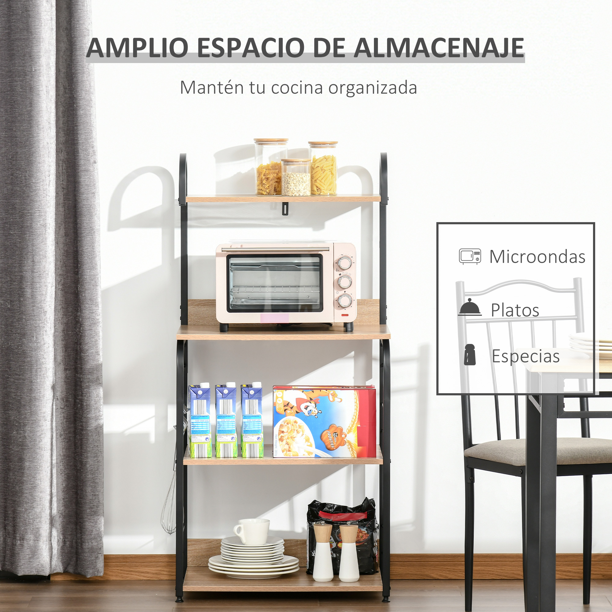 Un estante con artículos de cocina: microondas, platos, especias.
