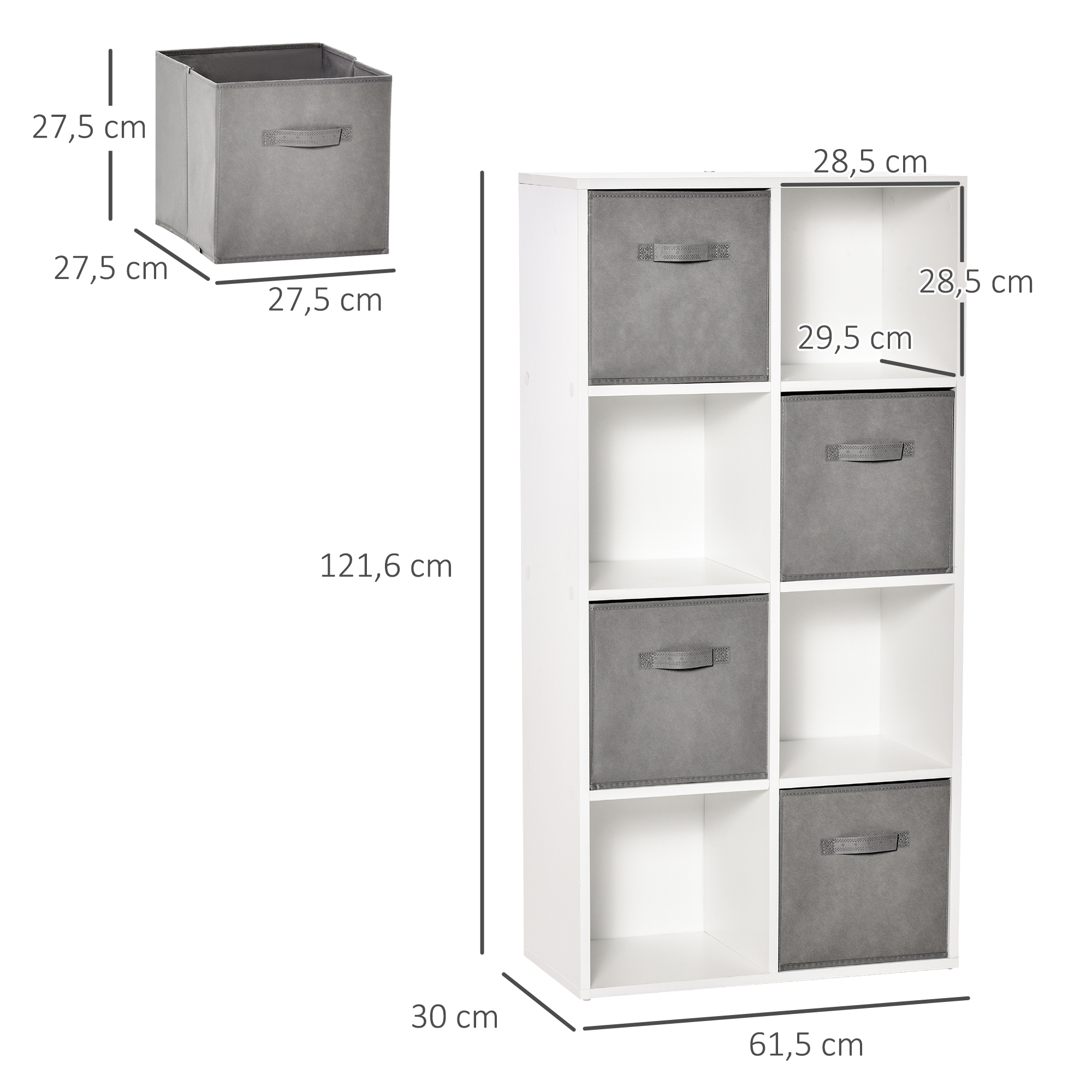 Una estantería blanca con ocho compartimentos, cuatro llenos de cajas de tela grises.
