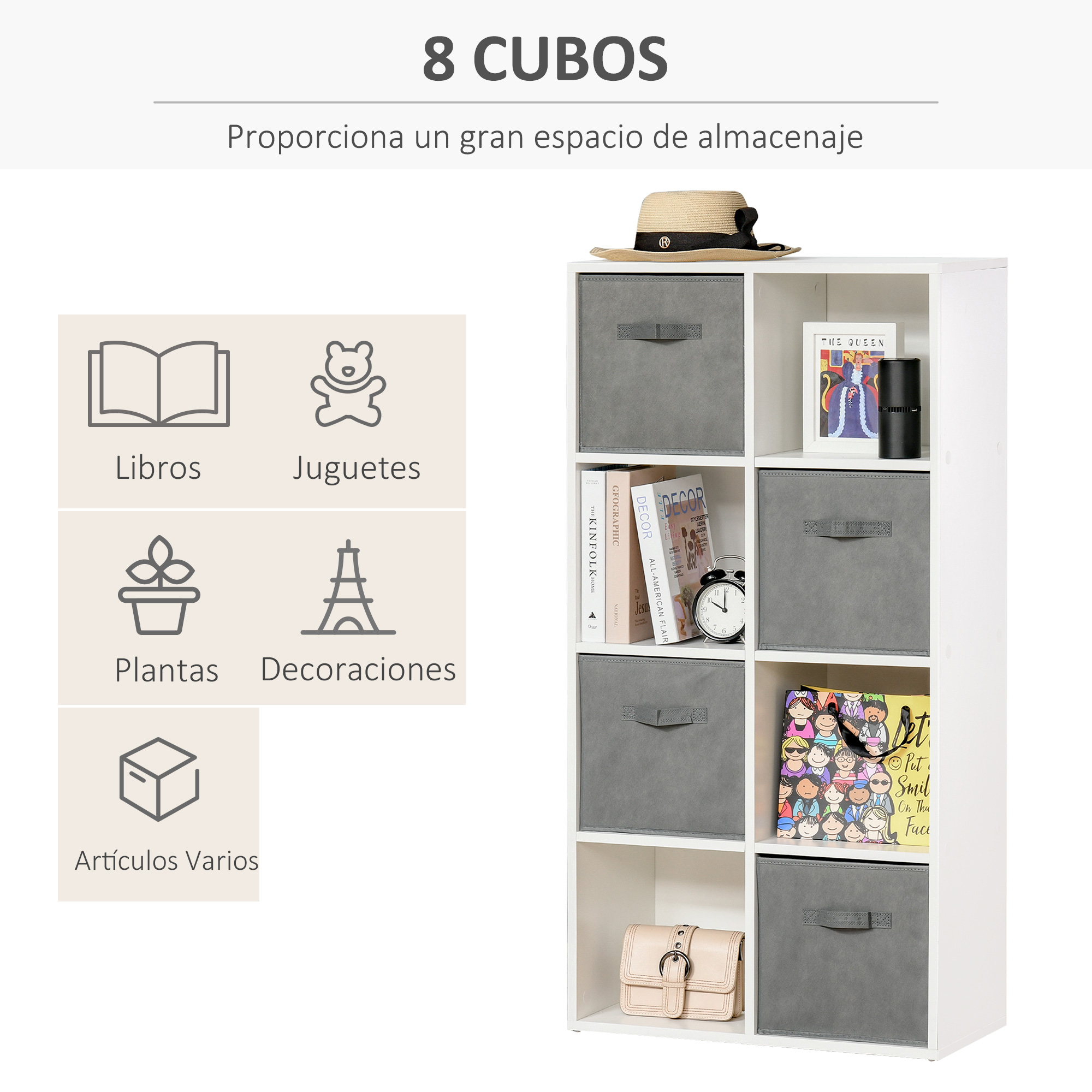 Un estante blanco con ocho cubos de almacenaje grises. Un sombrero de paja encima.