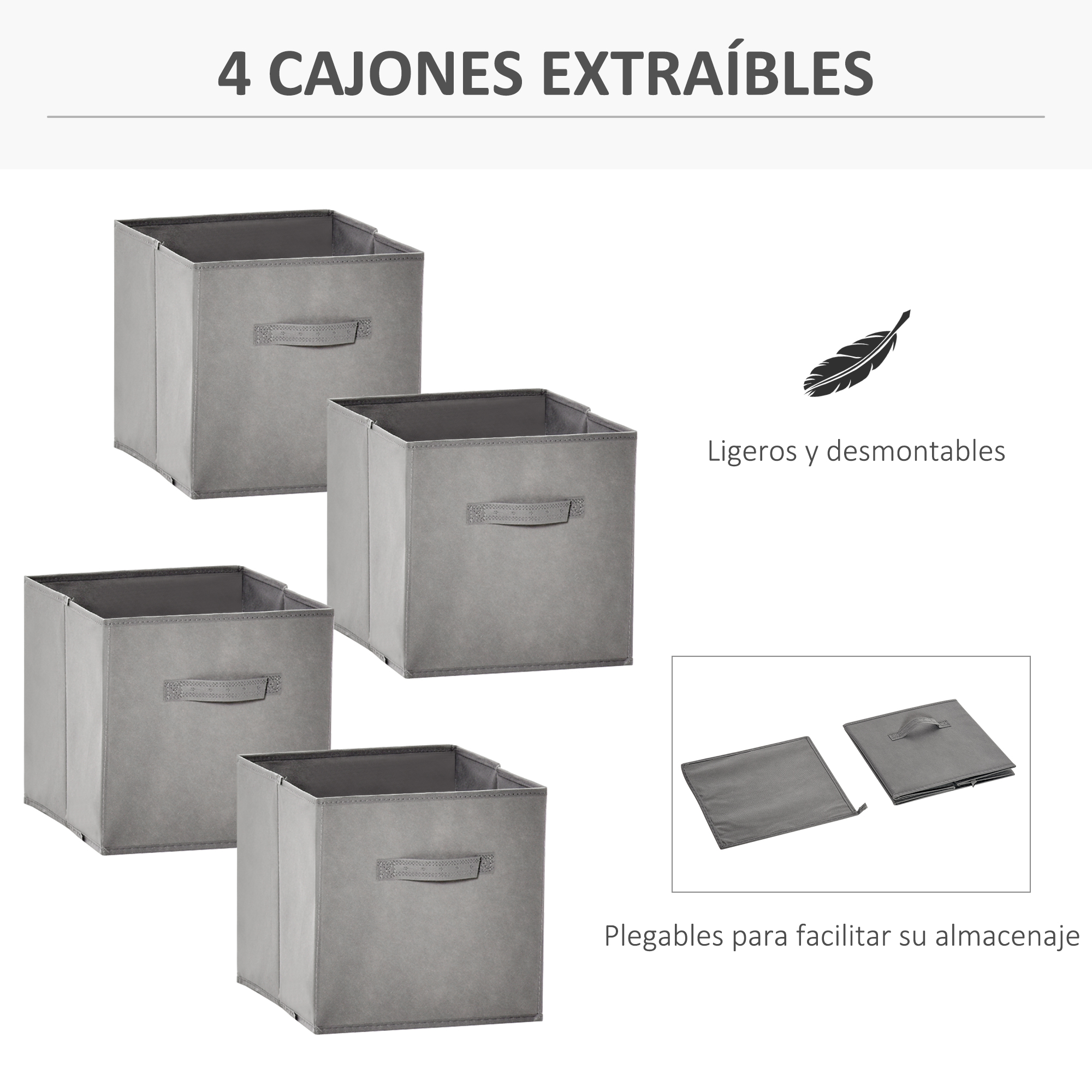Cuatro cajas de tela grises con asas, dos de ellas plegadas.
