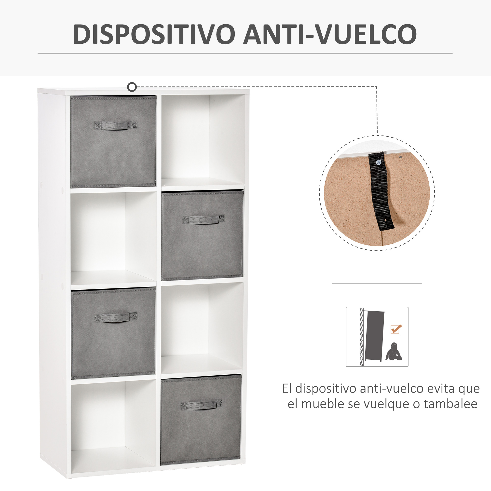 Un mueble blanco con ocho compartimentos, cuatro con cajas de tela grises.