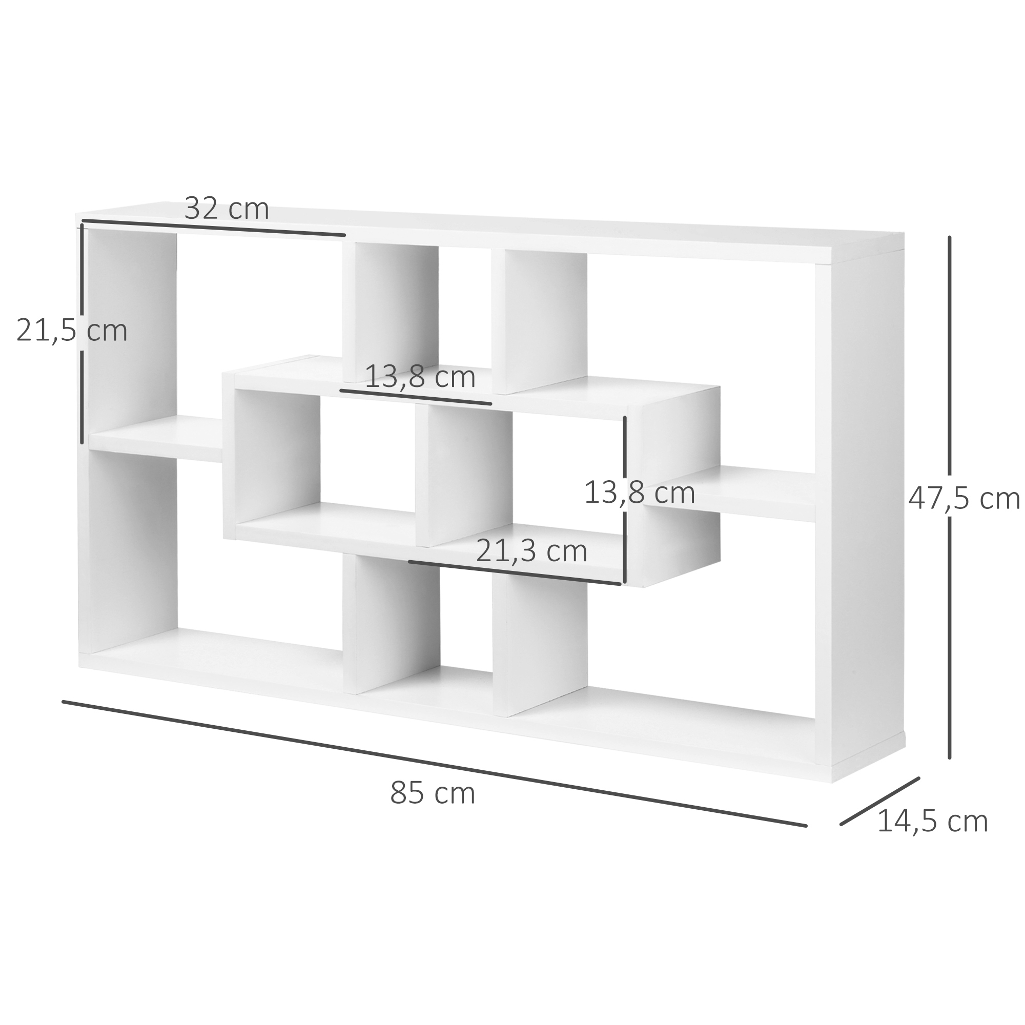 Estantería blanca con dimensiones: 85cm An, 47,5cm Al, 14,5cm Pr.